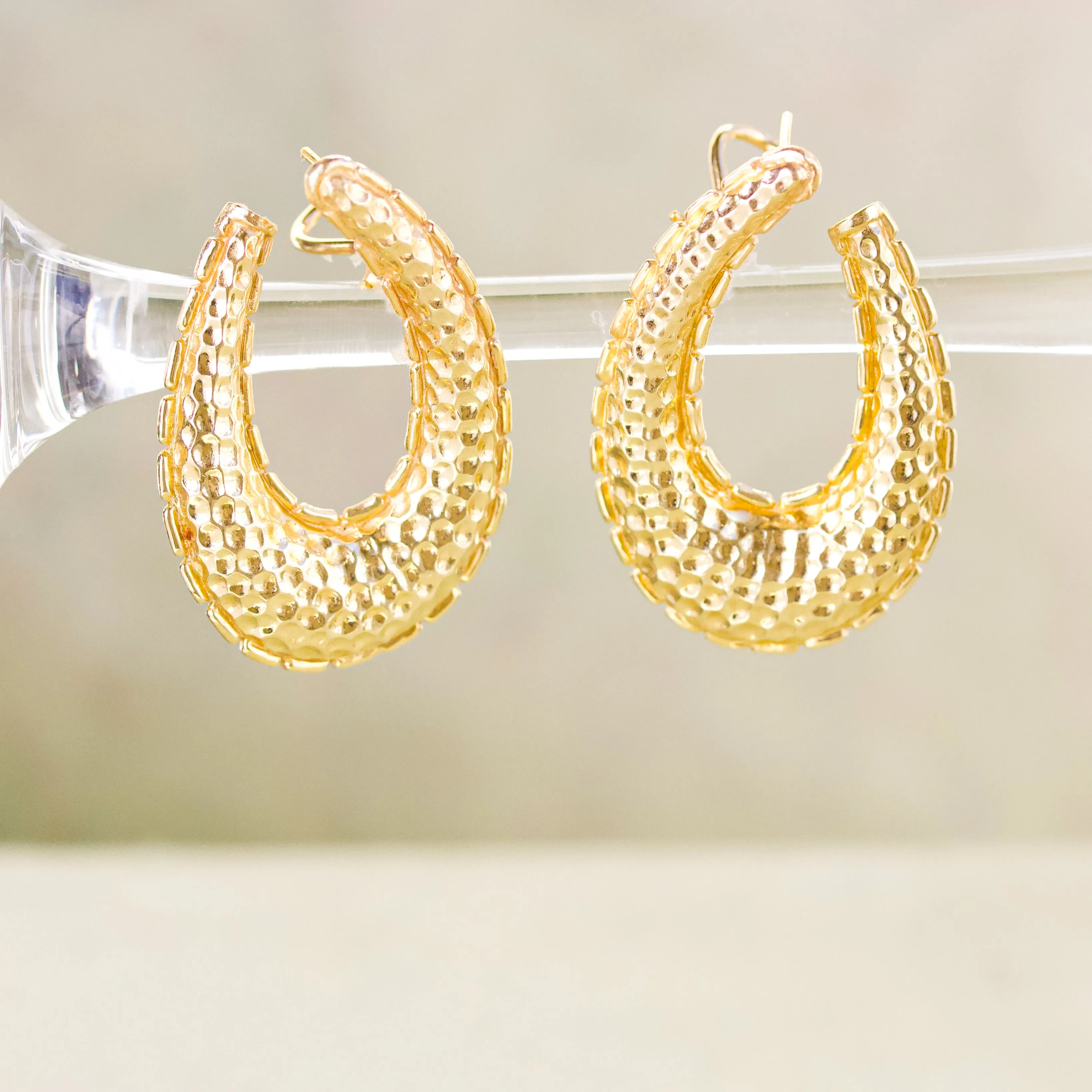 Vintage Hammered Hoop Earrings, 14k