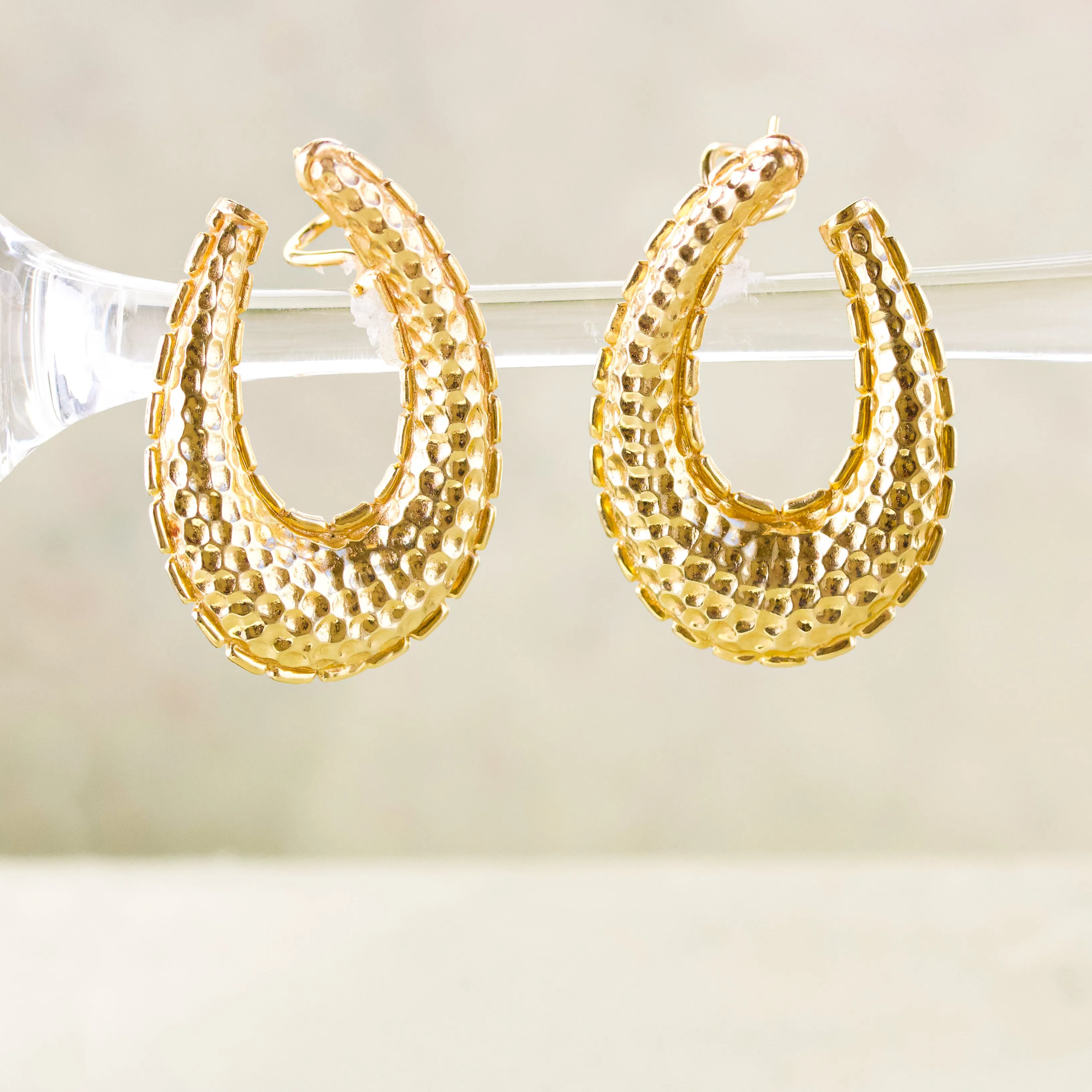 Vintage Hammered Hoop Earrings, 14k