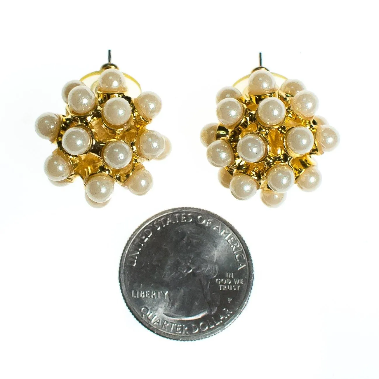 Vintage Iridescent Pearl Statement Earrings, Gold Tone Ball Shape, Faux Pearls, Posts