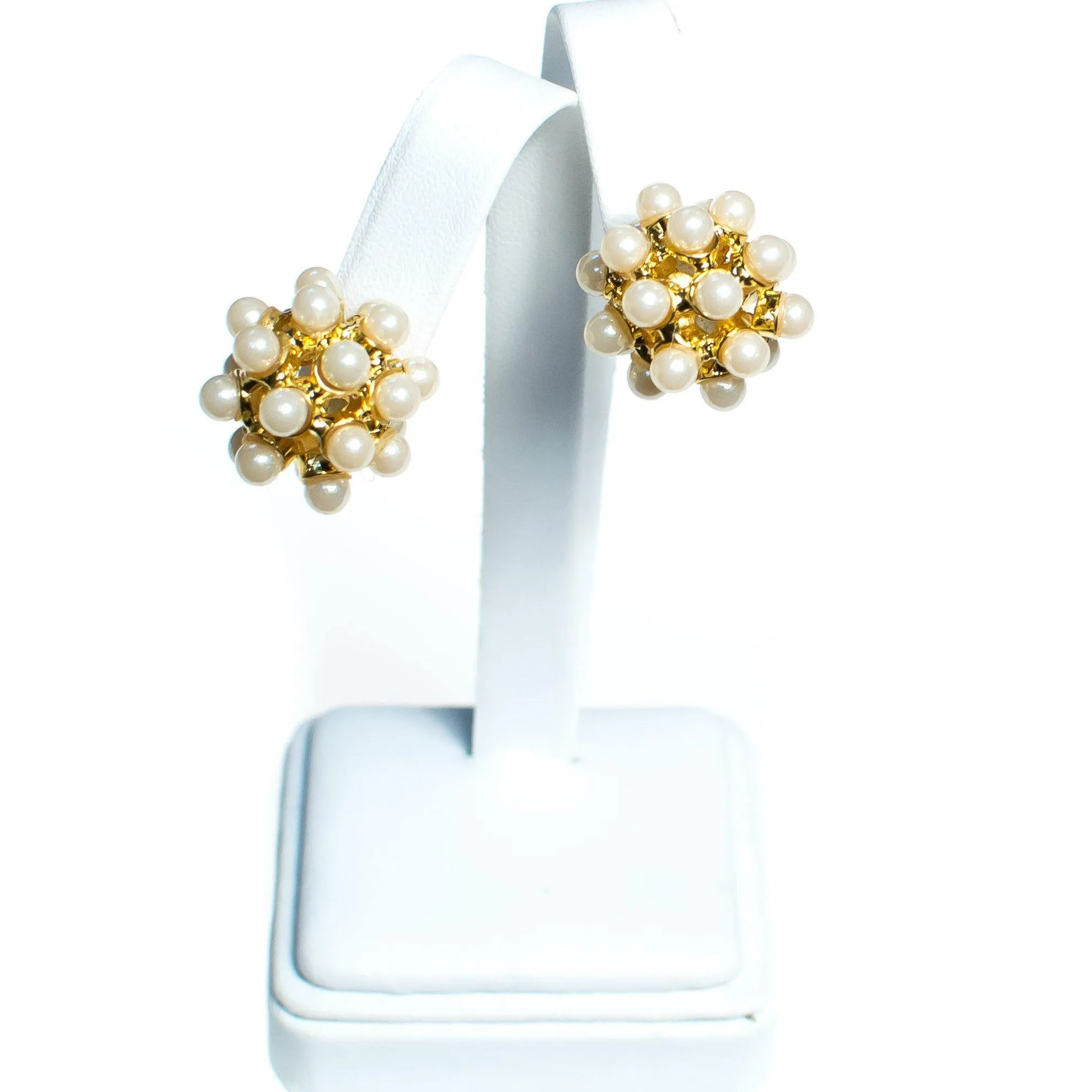 Vintage Iridescent Pearl Statement Earrings, Gold Tone Ball Shape, Faux Pearls, Posts