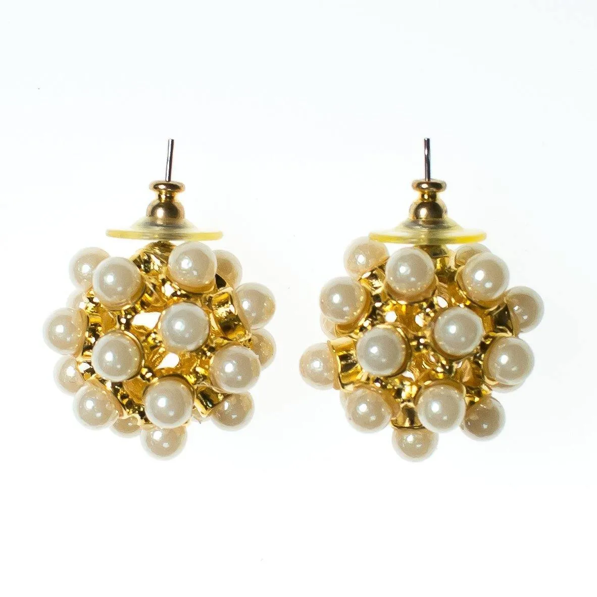 Vintage Iridescent Pearl Statement Earrings, Gold Tone Ball Shape, Faux Pearls, Posts