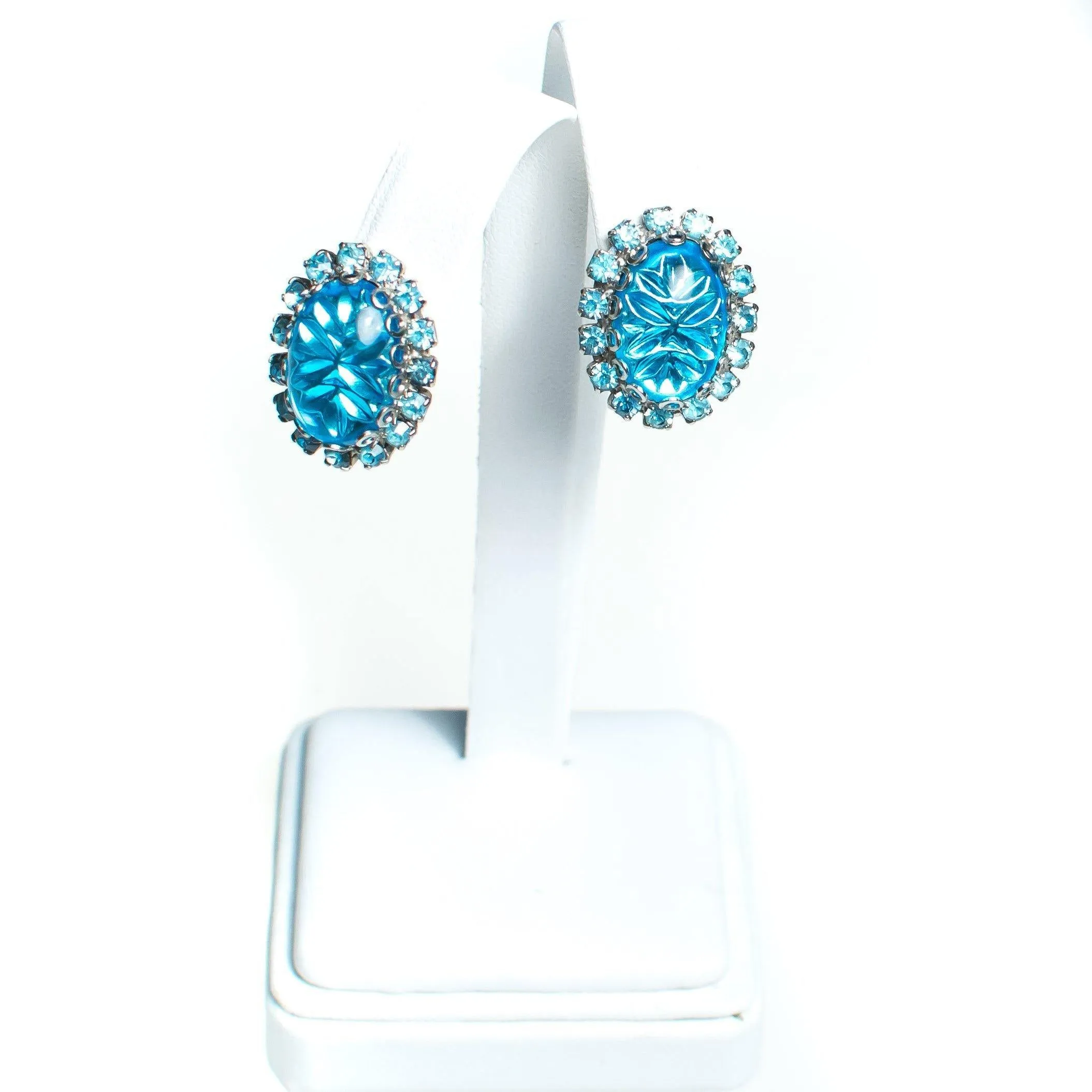 Vintage Judy Lee Earrings, Blue Star Carved Crystal Cabochon, Blue Rhinestones, Silver Tone Setting, Clip-on