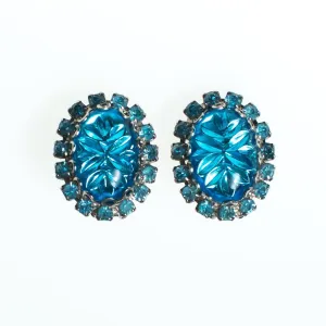 Vintage Judy Lee Earrings, Blue Star Carved Crystal Cabochon, Blue Rhinestones, Silver Tone Setting, Clip-on