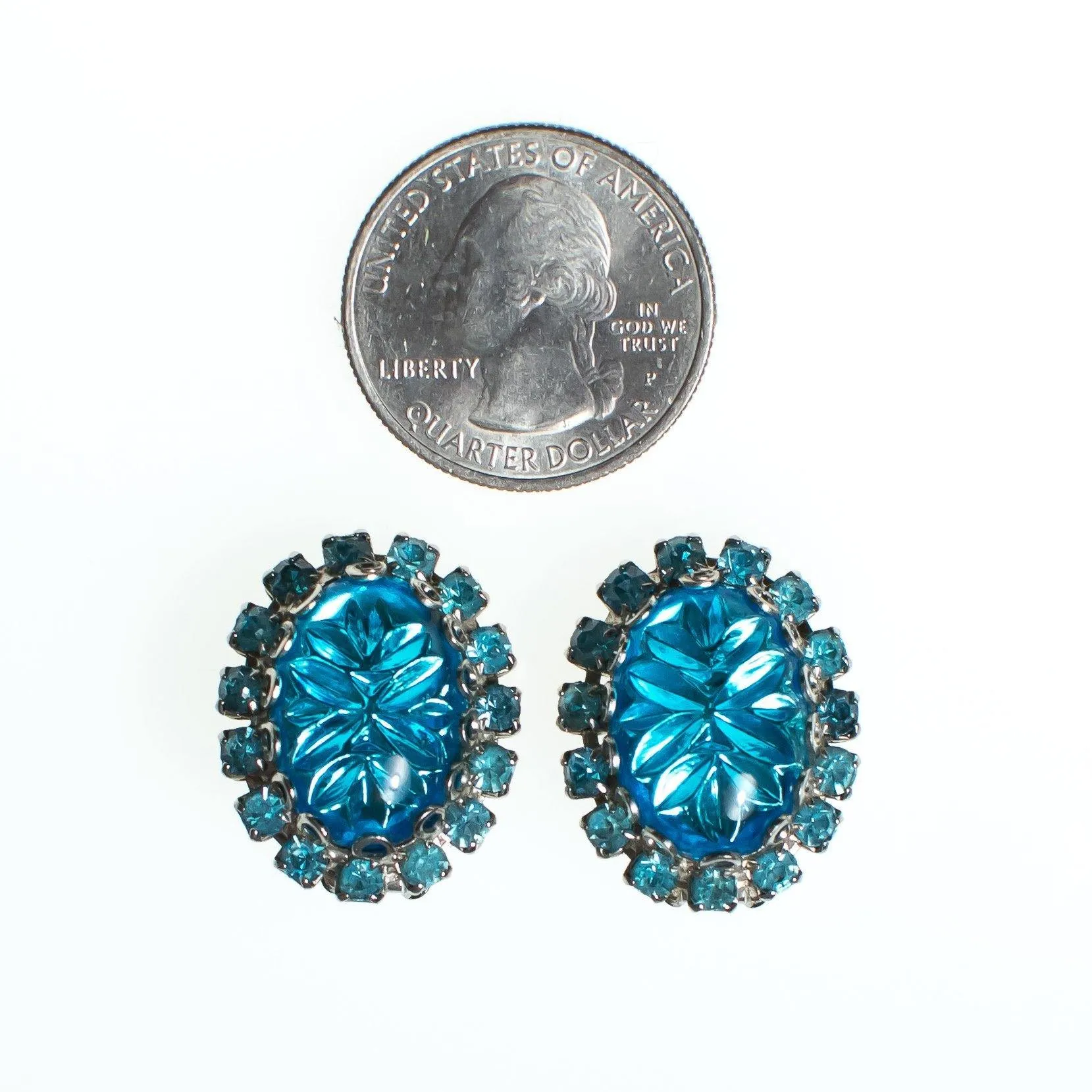 Vintage Judy Lee Earrings, Blue Star Carved Crystal Cabochon, Blue Rhinestones, Silver Tone Setting, Clip-on