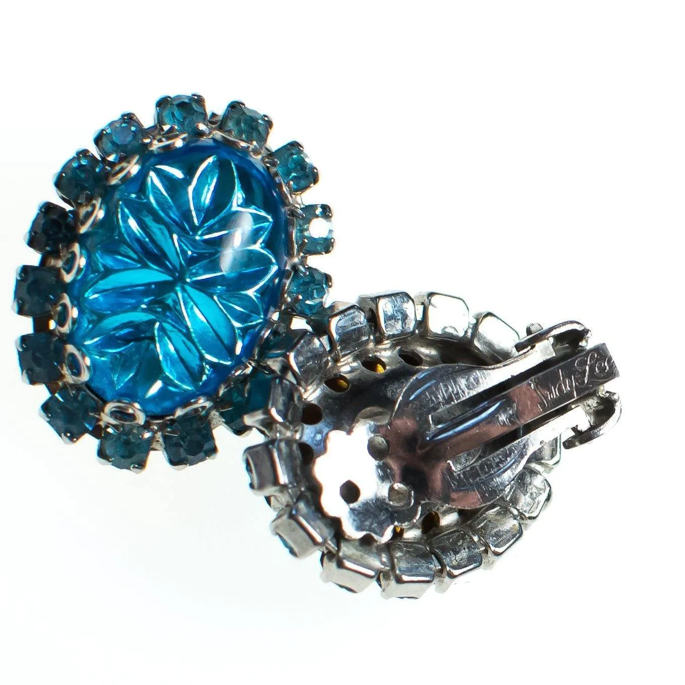 Vintage Judy Lee Earrings, Blue Star Carved Crystal Cabochon, Blue Rhinestones, Silver Tone Setting, Clip-on