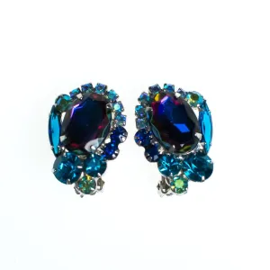 Vintage Juliana Peacock Blue Statement Earrings, Blue Rhinestones, Purple Rhinestone, Green Rhinestone, Silver Tone Setting, Clip-on