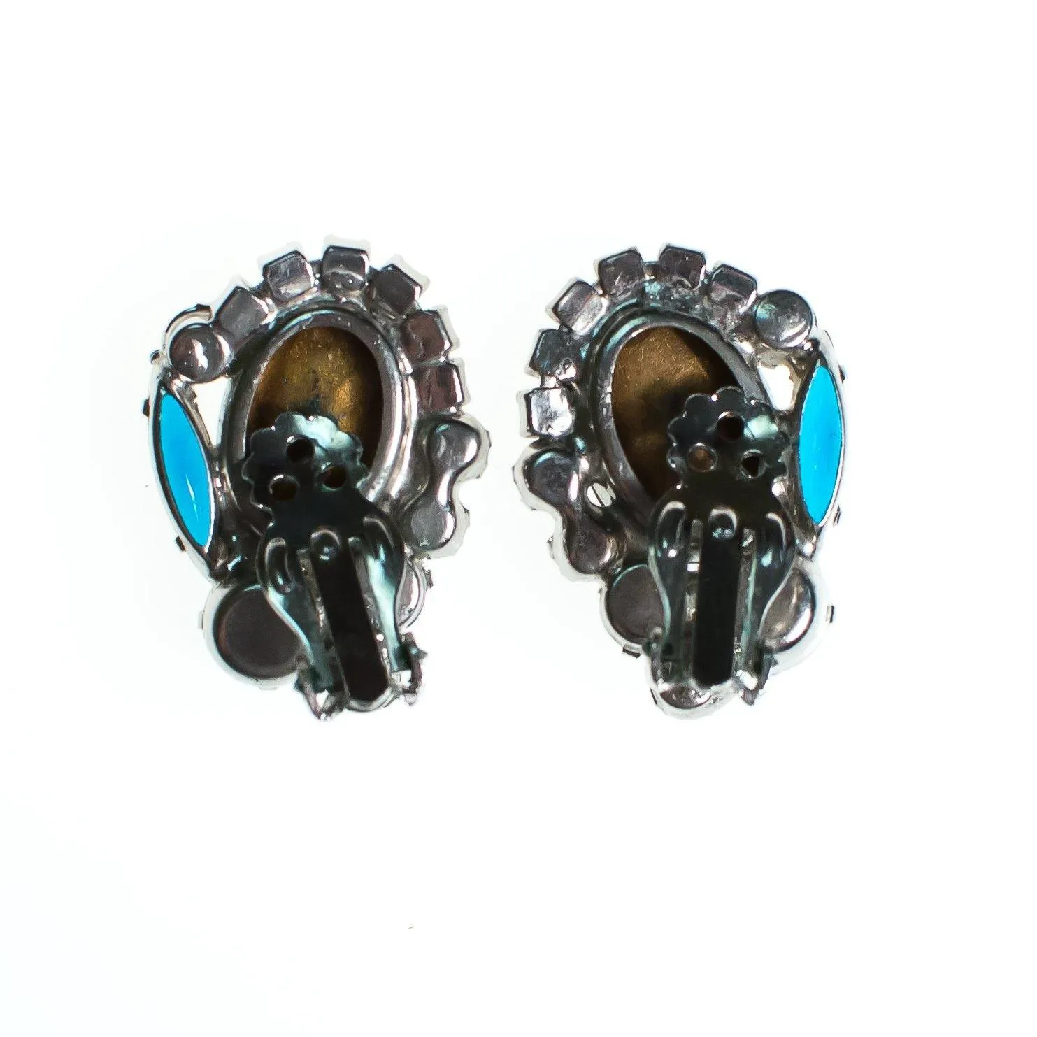 Vintage Juliana Peacock Blue Statement Earrings, Blue Rhinestones, Purple Rhinestone, Green Rhinestone, Silver Tone Setting, Clip-on