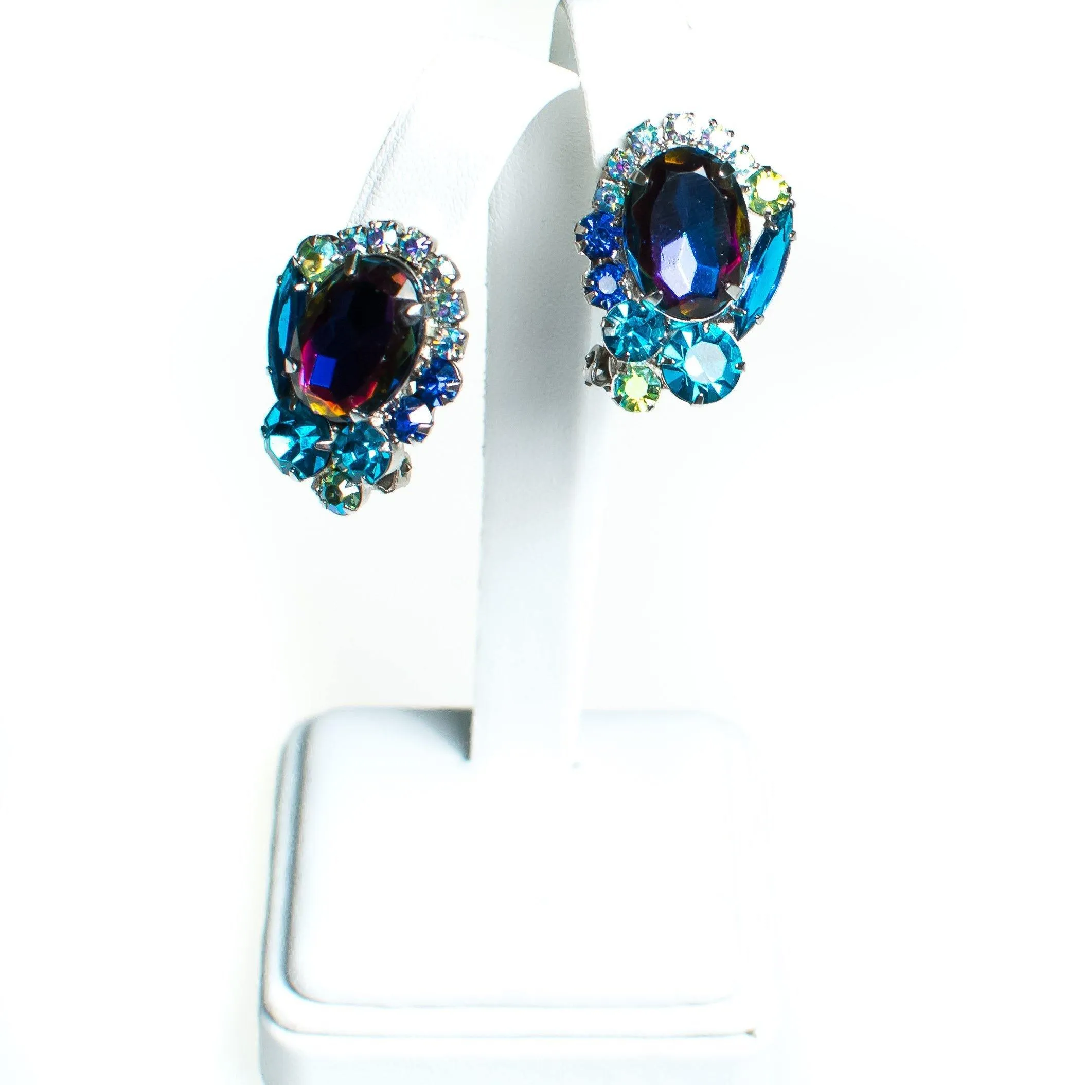 Vintage Juliana Peacock Blue Statement Earrings, Blue Rhinestones, Purple Rhinestone, Green Rhinestone, Silver Tone Setting, Clip-on