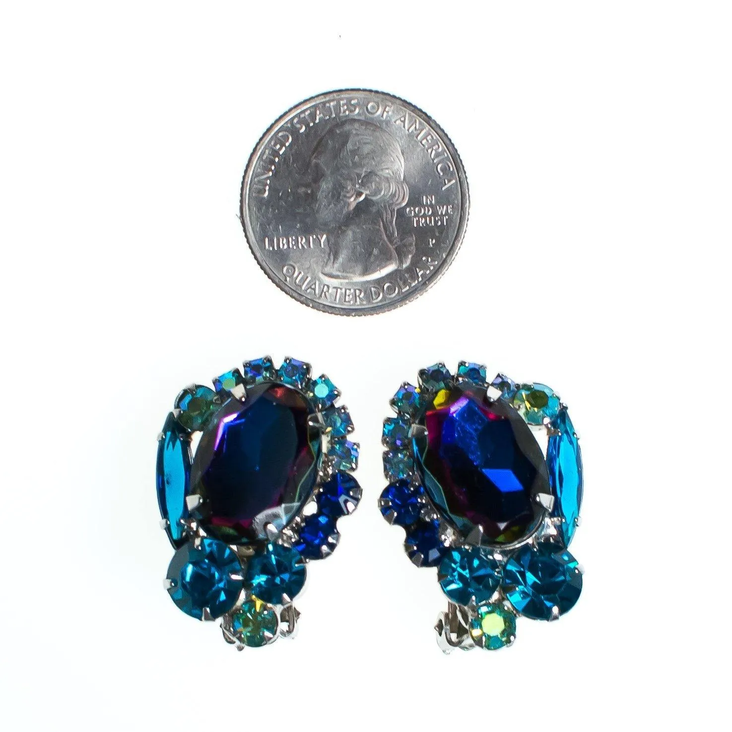 Vintage Juliana Peacock Blue Statement Earrings, Blue Rhinestones, Purple Rhinestone, Green Rhinestone, Silver Tone Setting, Clip-on