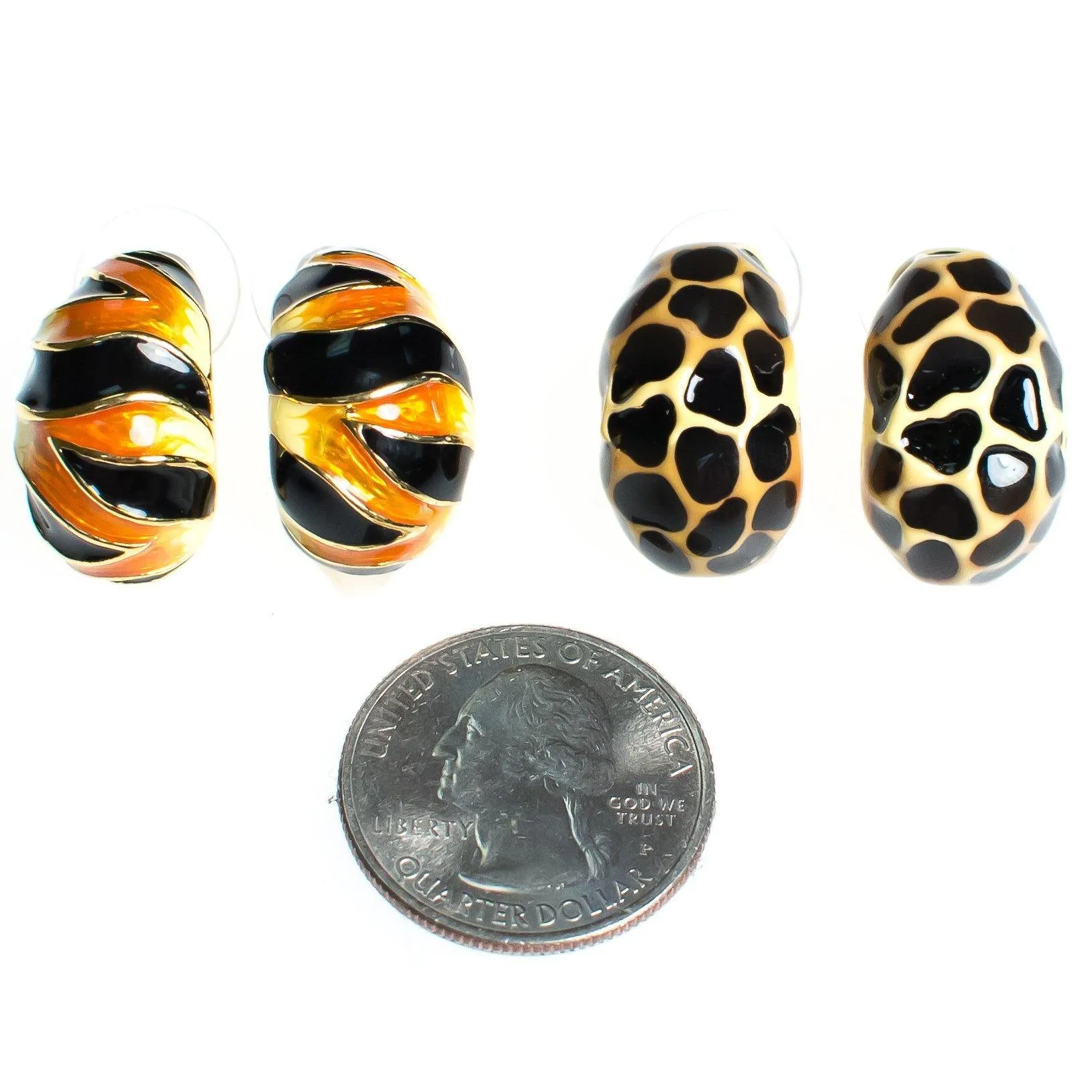 Vintage Kenneth Jay Lane Animal Print Earring Set, Black and Brown Earrings, Black, Orange, and Beige Earrings, Gold Tone Setting, Posts