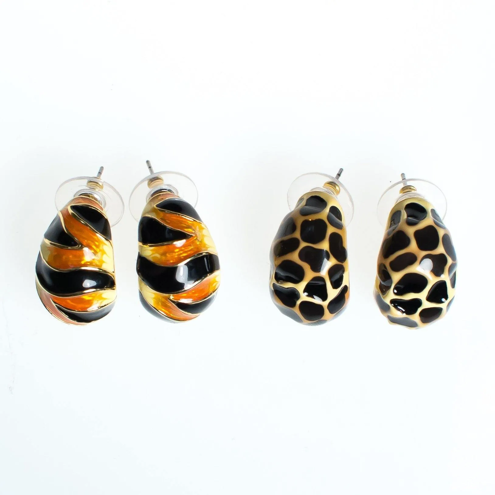 Vintage Kenneth Jay Lane Animal Print Earring Set, Black and Brown Earrings, Black, Orange, and Beige Earrings, Gold Tone Setting, Posts