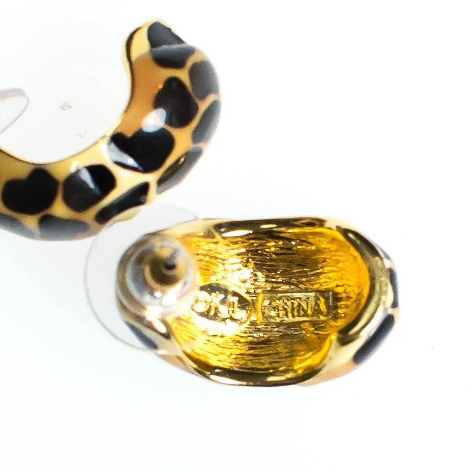 Vintage Kenneth Jay Lane Animal Print Earring Set, Black and Brown Earrings, Black, Orange, and Beige Earrings, Gold Tone Setting, Posts