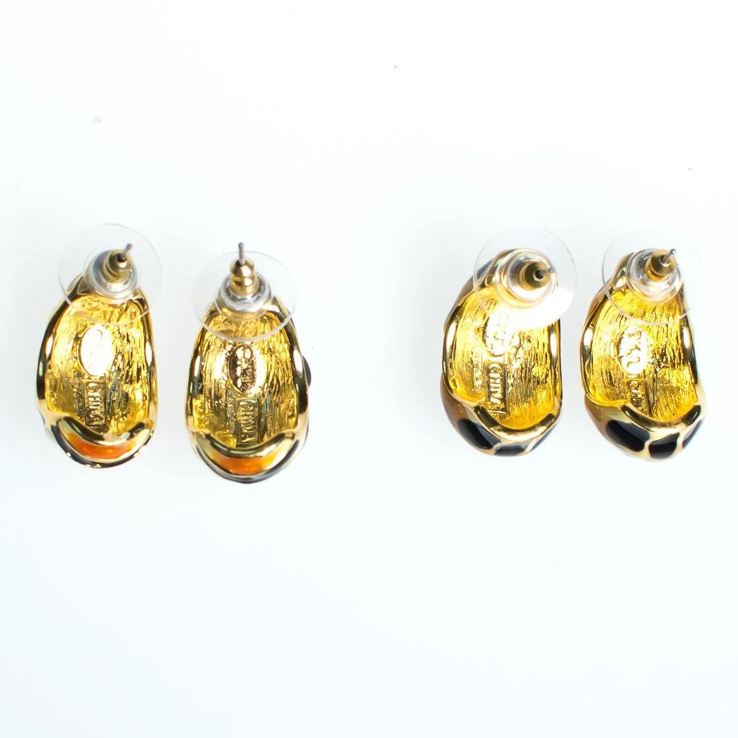 Vintage Kenneth Jay Lane Animal Print Earring Set, Black and Brown Earrings, Black, Orange, and Beige Earrings, Gold Tone Setting, Posts