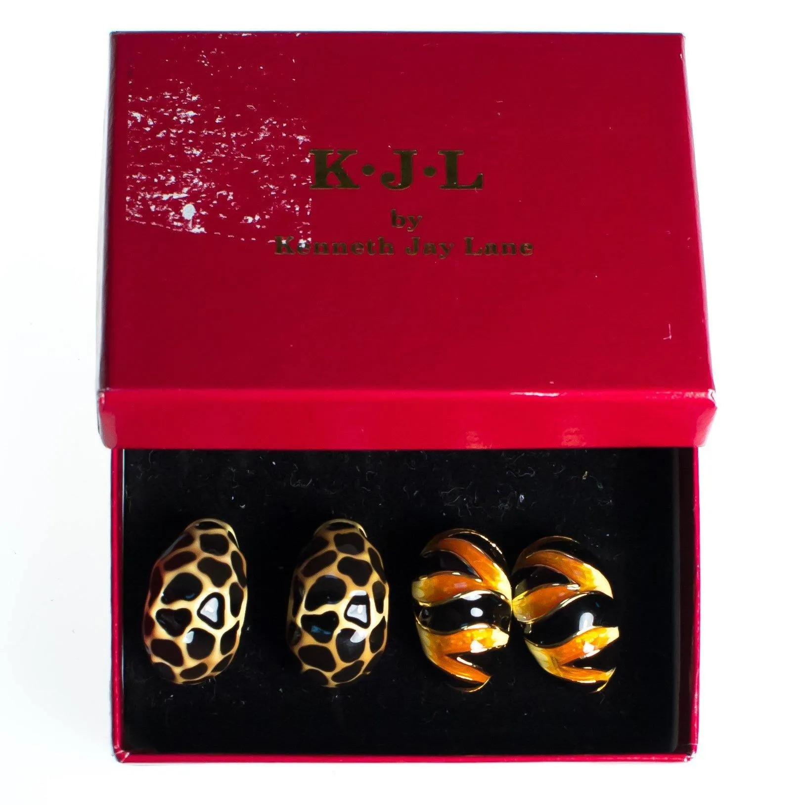 Vintage Kenneth Jay Lane Animal Print Earring Set, Black and Brown Earrings, Black, Orange, and Beige Earrings, Gold Tone Setting, Posts