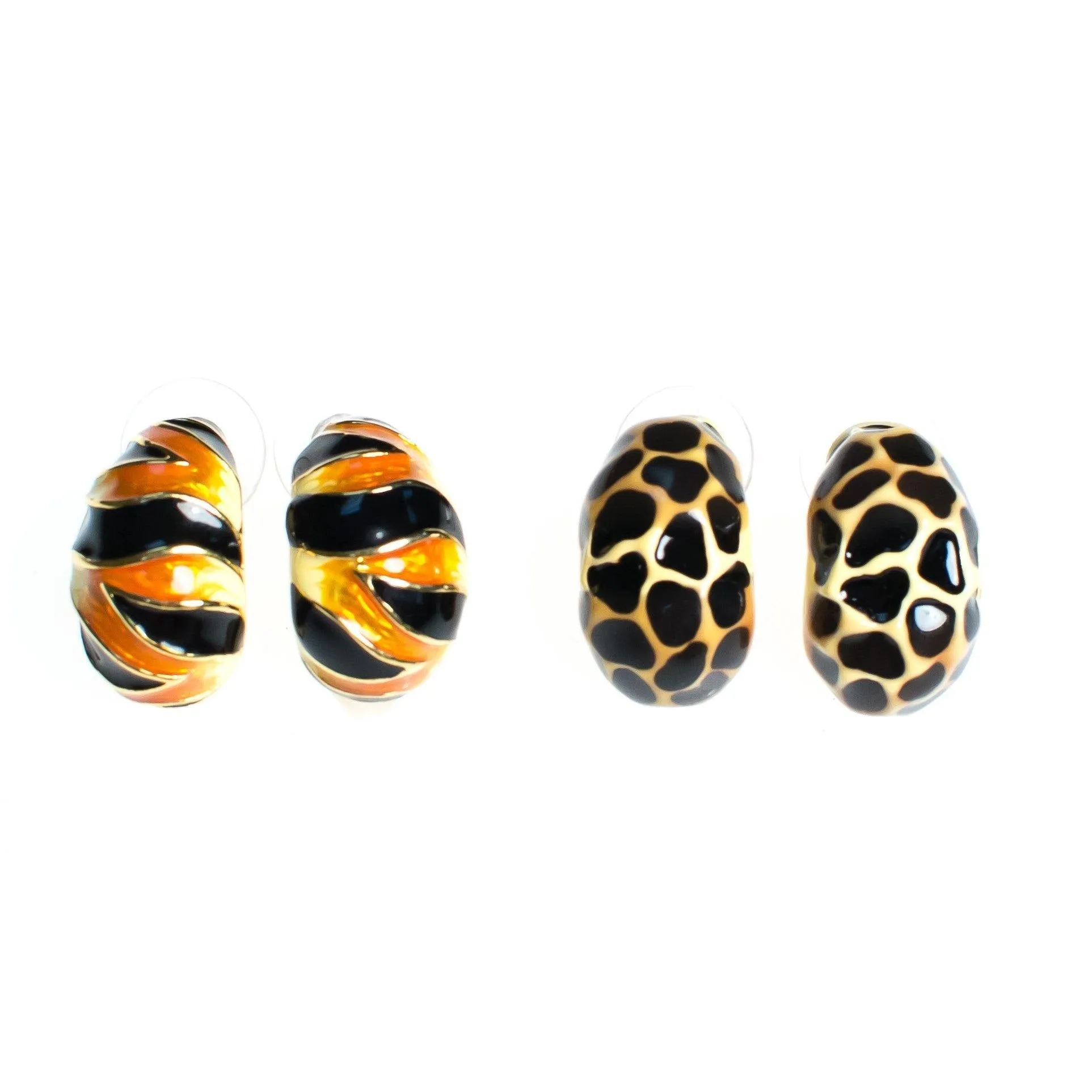Vintage Kenneth Jay Lane Animal Print Earring Set, Black and Brown Earrings, Black, Orange, and Beige Earrings, Gold Tone Setting, Posts