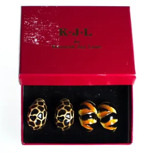 Vintage Kenneth Jay Lane Animal Print Earring Set, Black and Brown Earrings, Black, Orange, and Beige Earrings, Gold Tone Setting, Posts