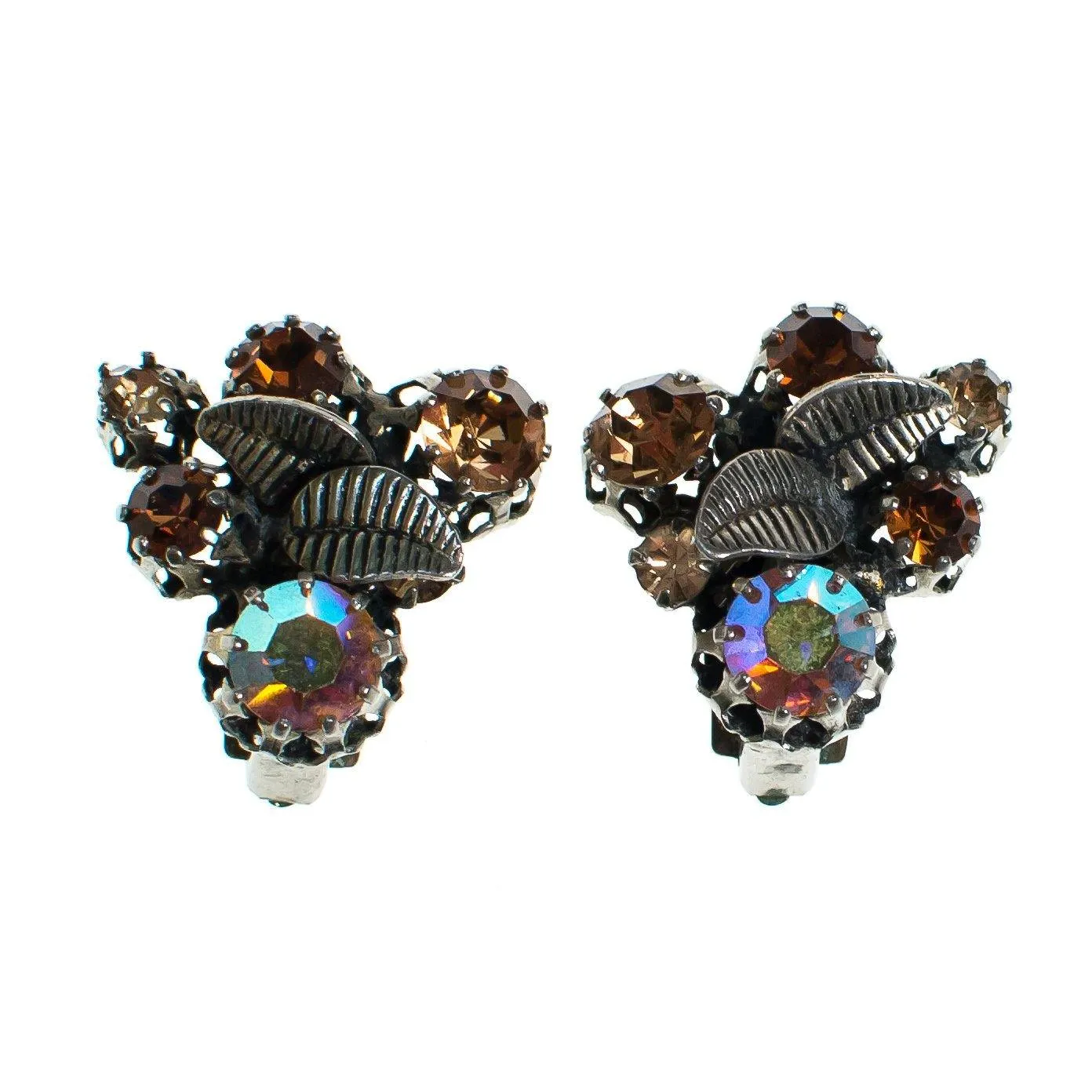 Vintage Made in Austria Rhinestone Aurora Borealis and Citrine Rhinestone Earrings with Leaves