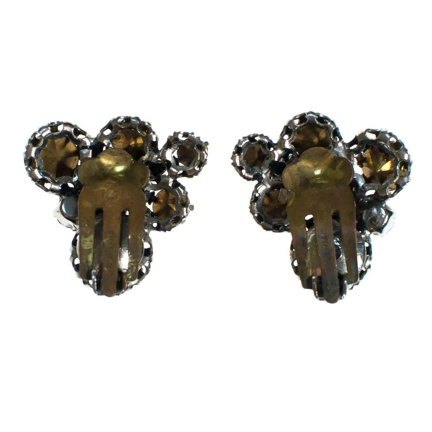 Vintage Made in Austria Rhinestone Aurora Borealis and Citrine Rhinestone Earrings with Leaves