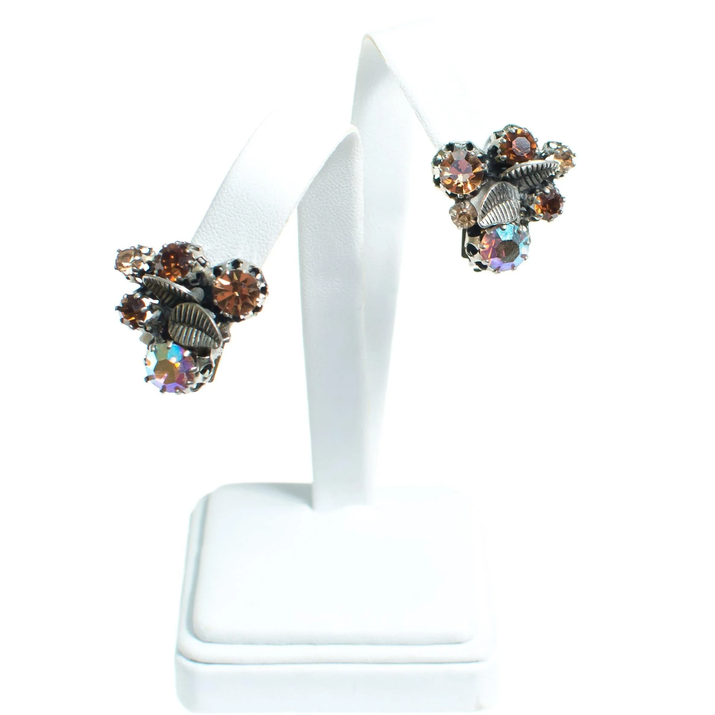Vintage Made in Austria Rhinestone Aurora Borealis and Citrine Rhinestone Earrings with Leaves