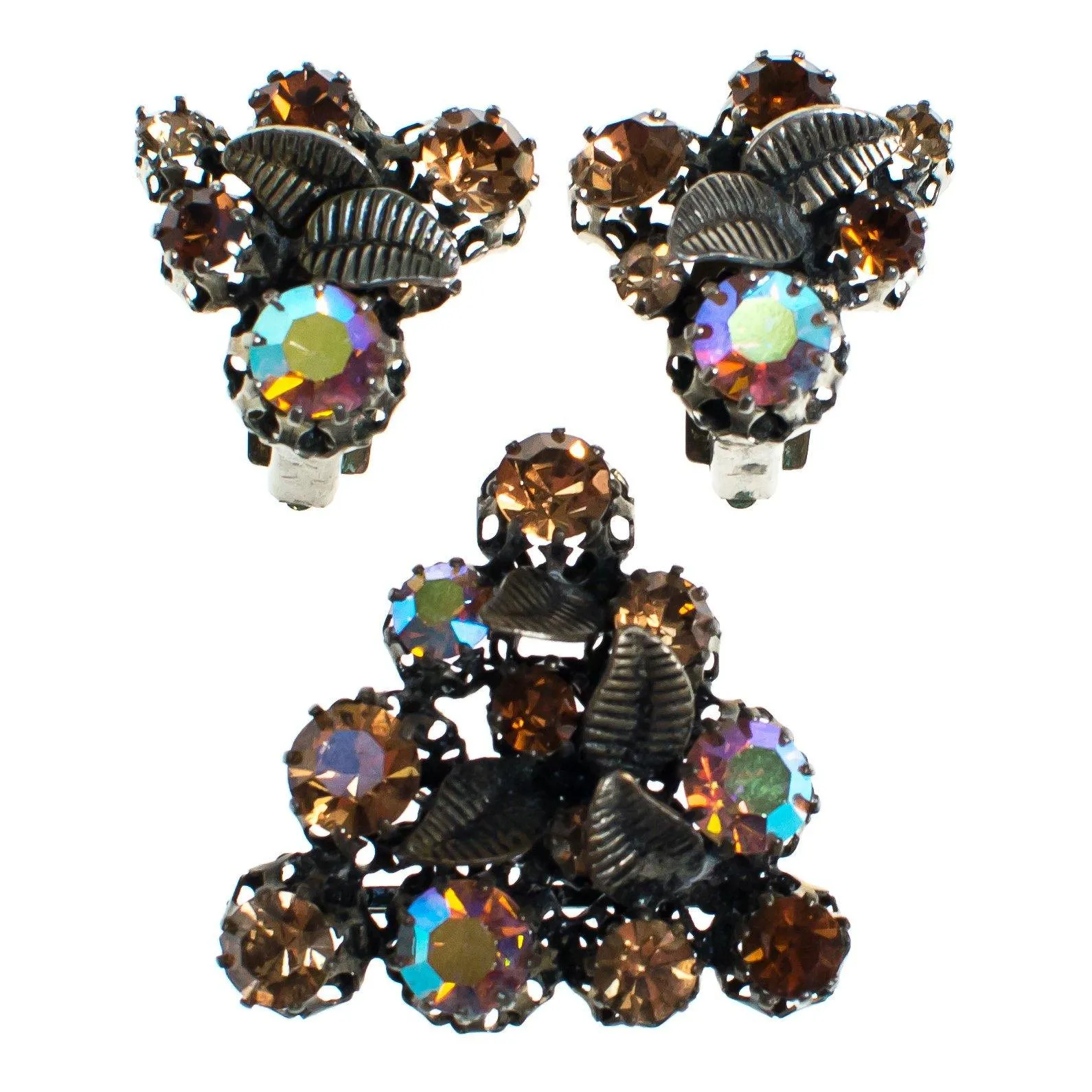 Vintage Made in Austria Rhinestone Aurora Borealis and Citrine Rhinestone Earrings with Leaves