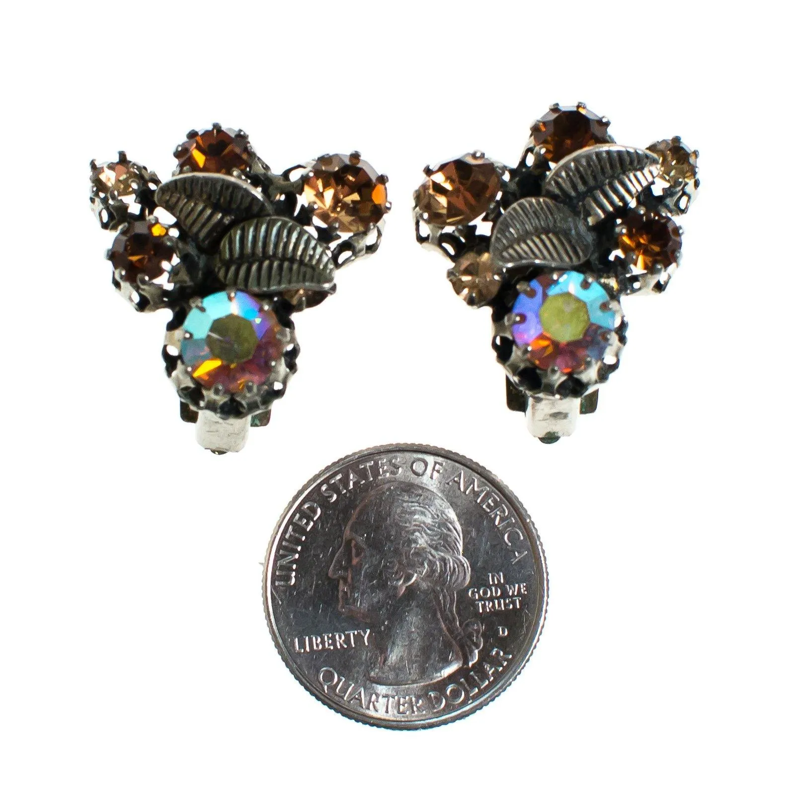 Vintage Made in Austria Rhinestone Aurora Borealis and Citrine Rhinestone Earrings with Leaves