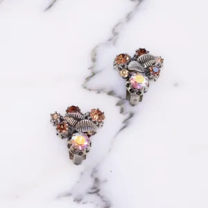 Vintage Made in Austria Rhinestone Aurora Borealis and Citrine Rhinestone Earrings with Leaves