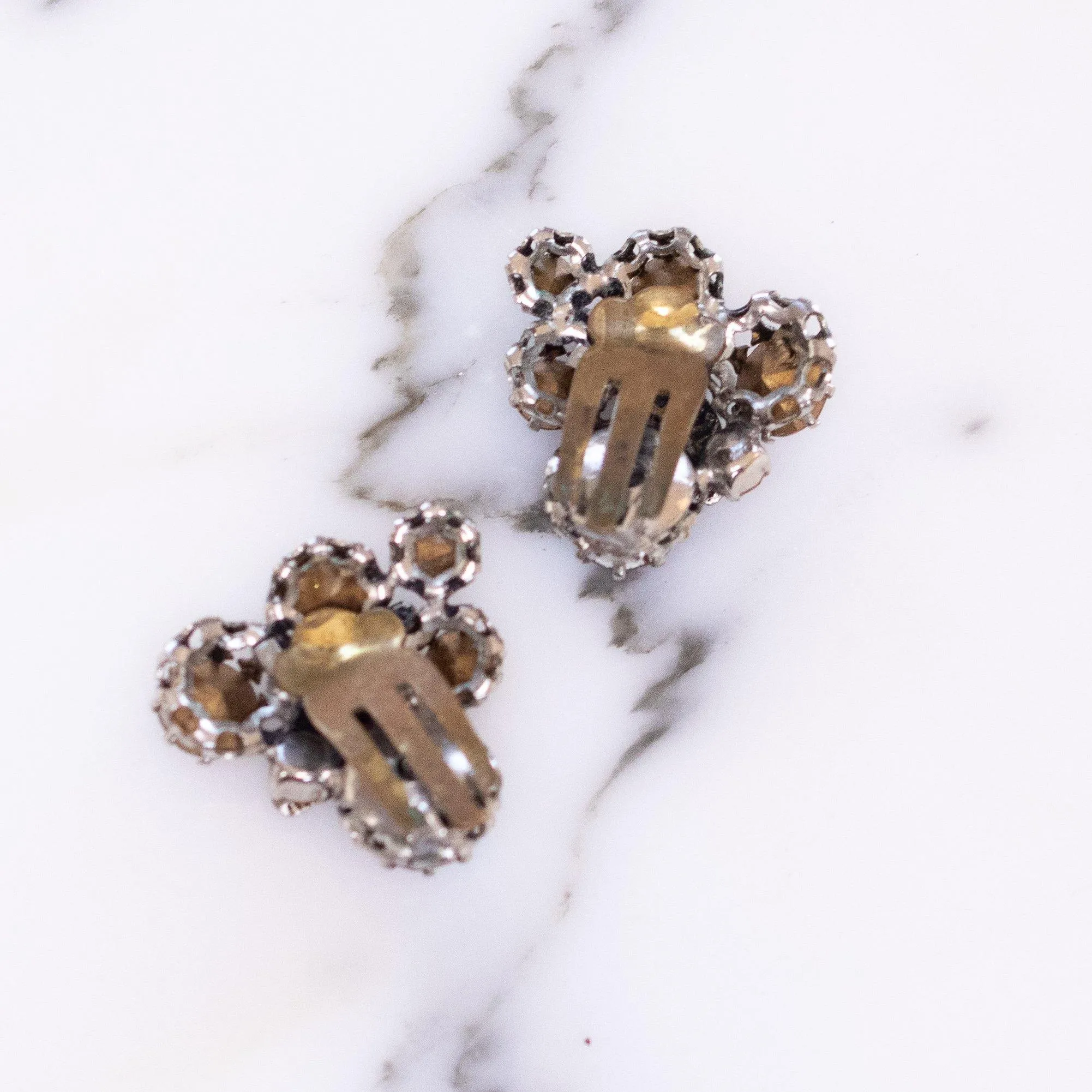 Vintage Made in Austria Rhinestone Aurora Borealis and Citrine Rhinestone Earrings with Leaves