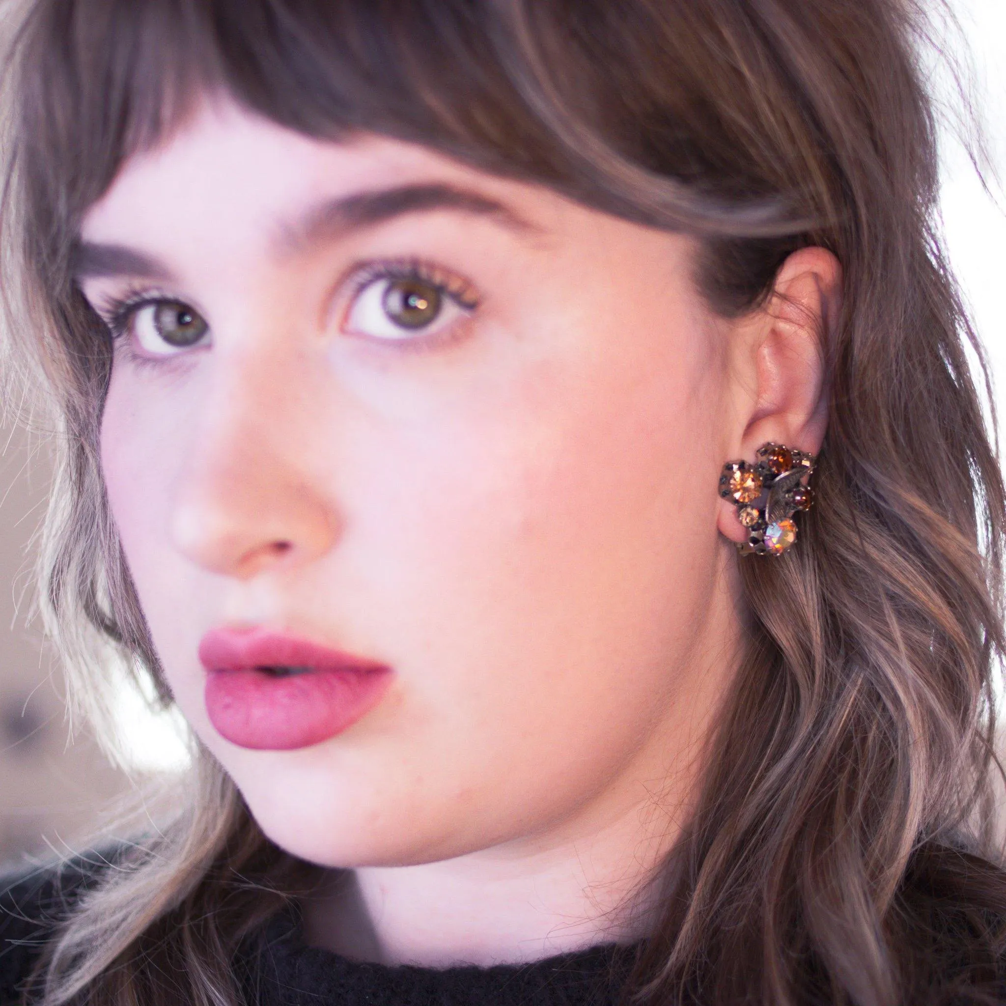 Vintage Made in Austria Rhinestone Aurora Borealis and Citrine Rhinestone Earrings with Leaves