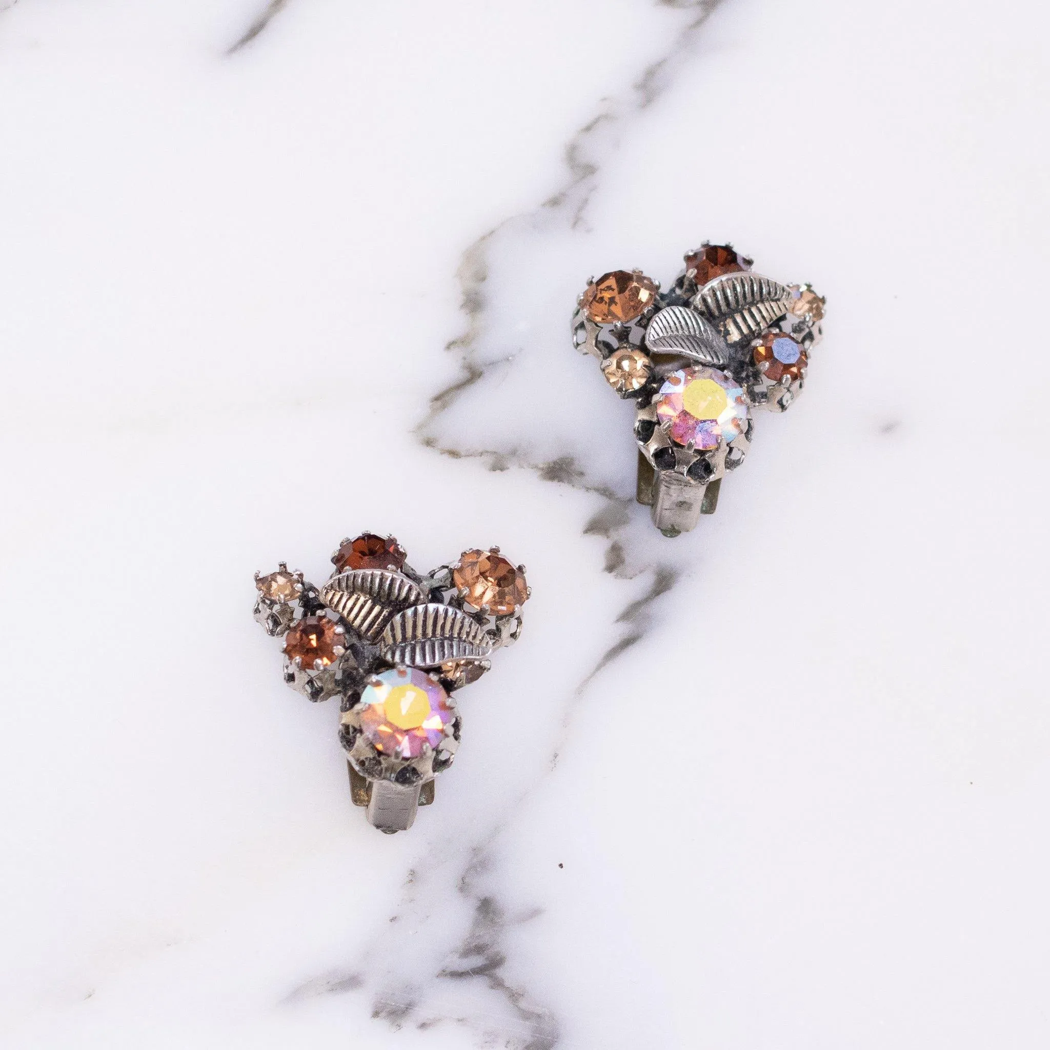 Vintage Made in Austria Rhinestone Aurora Borealis and Citrine Rhinestone Earrings with Leaves