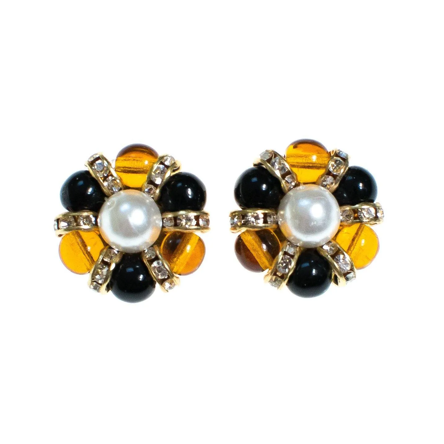 Vintage Made in Italy Black, Brown Murano Glass Bead Earrings with Pearl Center and Rhinestones Clip On