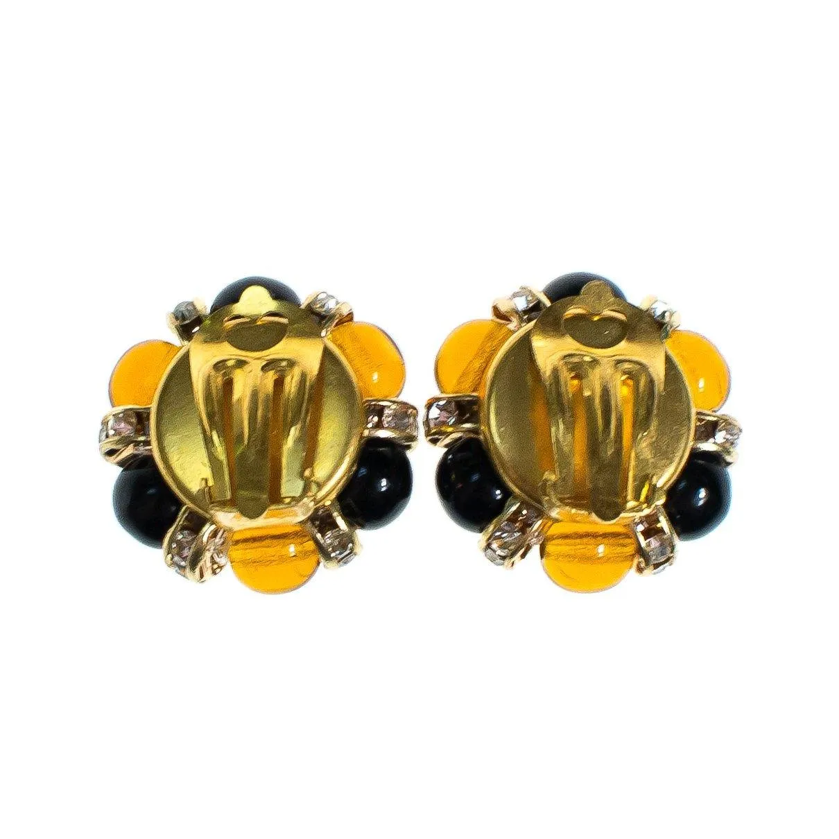 Vintage Made in Italy Black, Brown Murano Glass Bead Earrings with Pearl Center and Rhinestones Clip On