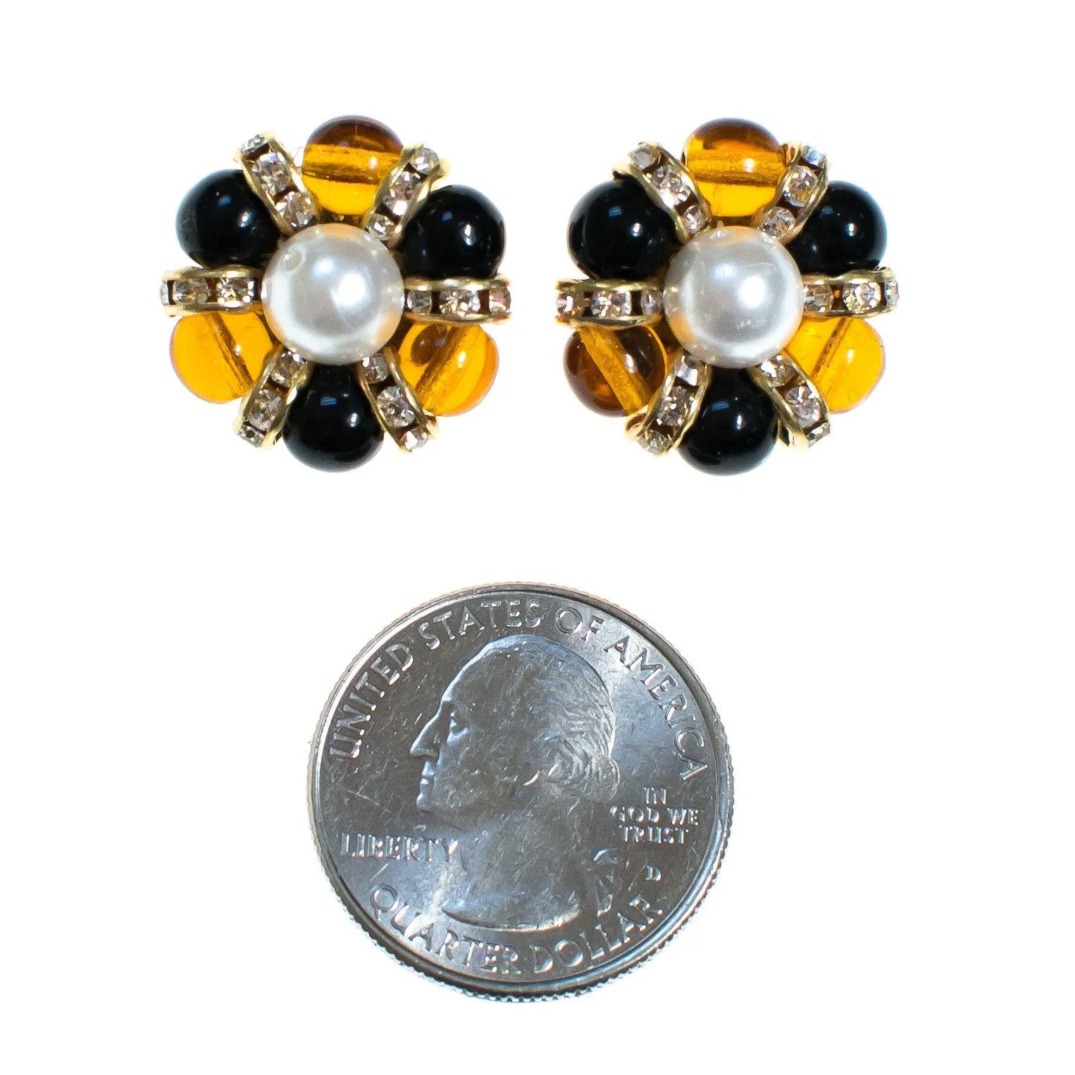 Vintage Made in Italy Black, Brown Murano Glass Bead Earrings with Pearl Center and Rhinestones Clip On