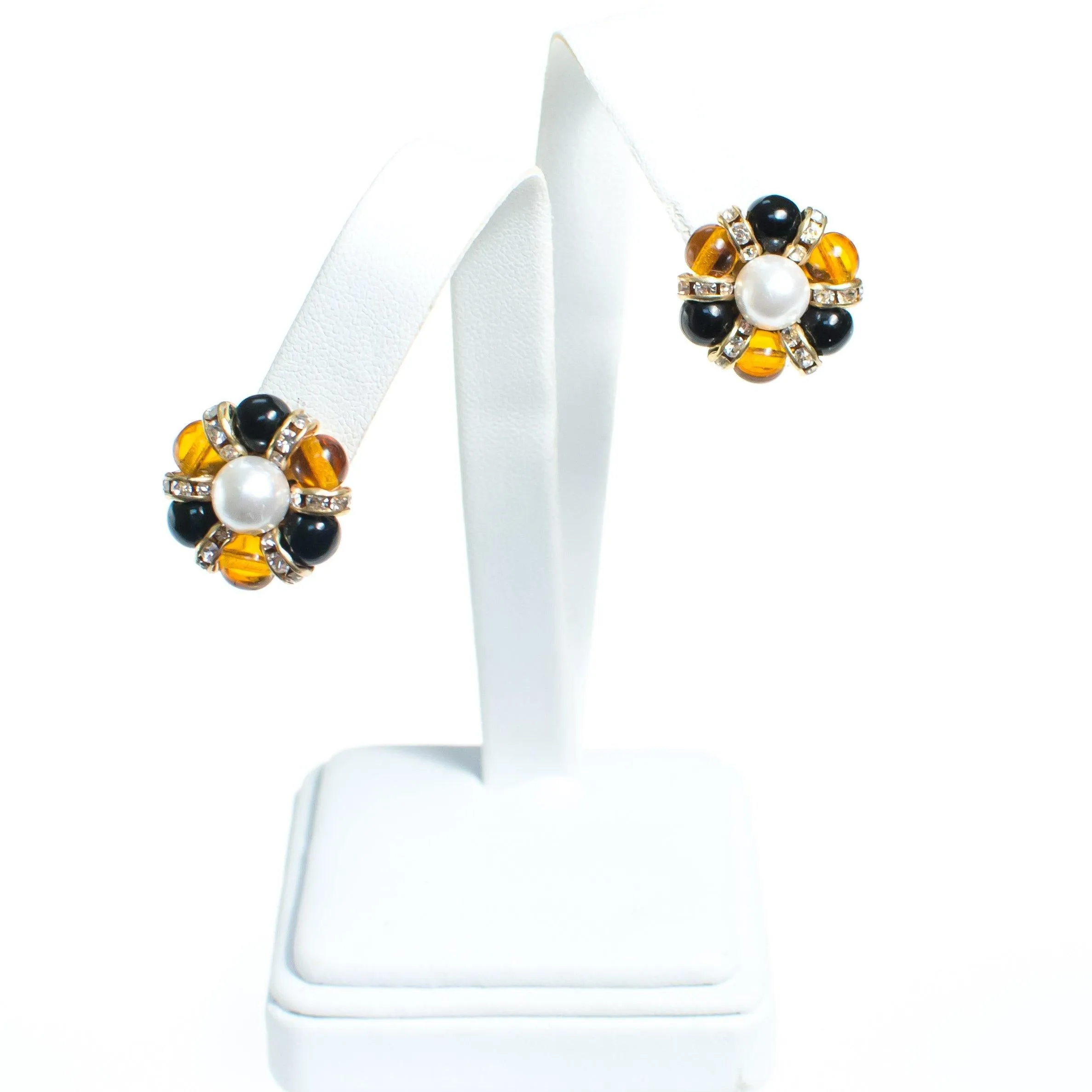 Vintage Made in Italy Black, Brown Murano Glass Bead Earrings with Pearl Center and Rhinestones Clip On