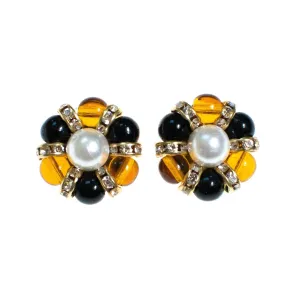 Vintage Made in Italy Black, Brown Murano Glass Bead Earrings with Pearl Center and Rhinestones Clip On