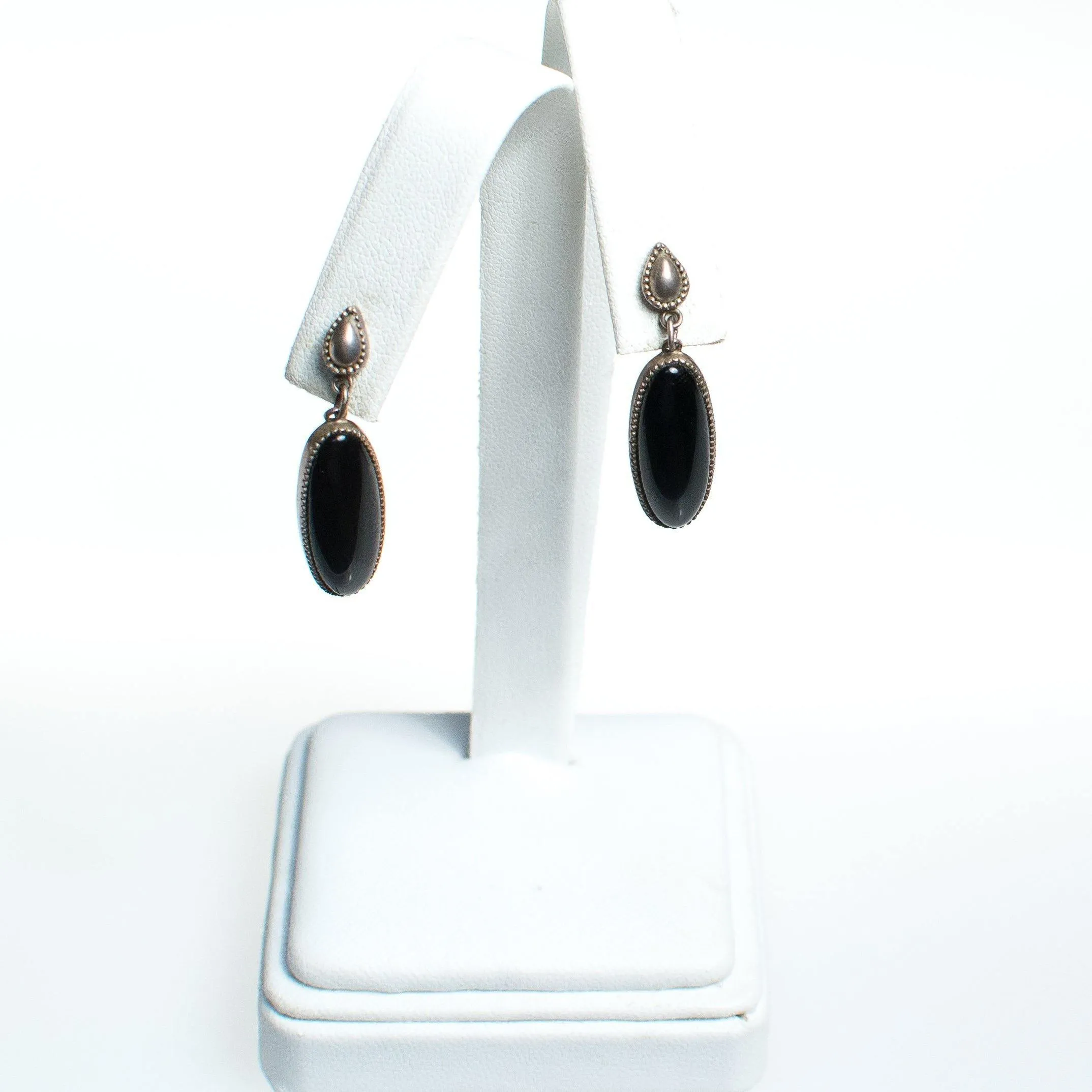 Vintage Native American Sterling Silver Modernist Onyx Drop Earrings, Pierced Post Back