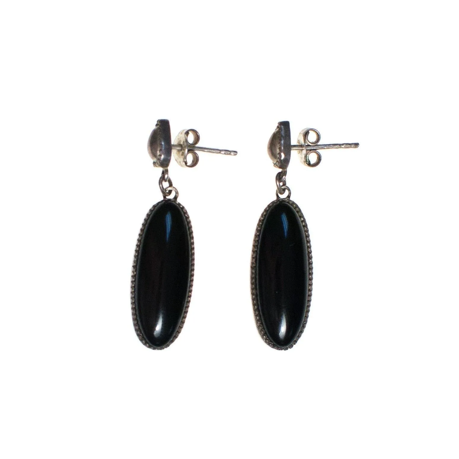 Vintage Native American Sterling Silver Modernist Onyx Drop Earrings, Pierced Post Back