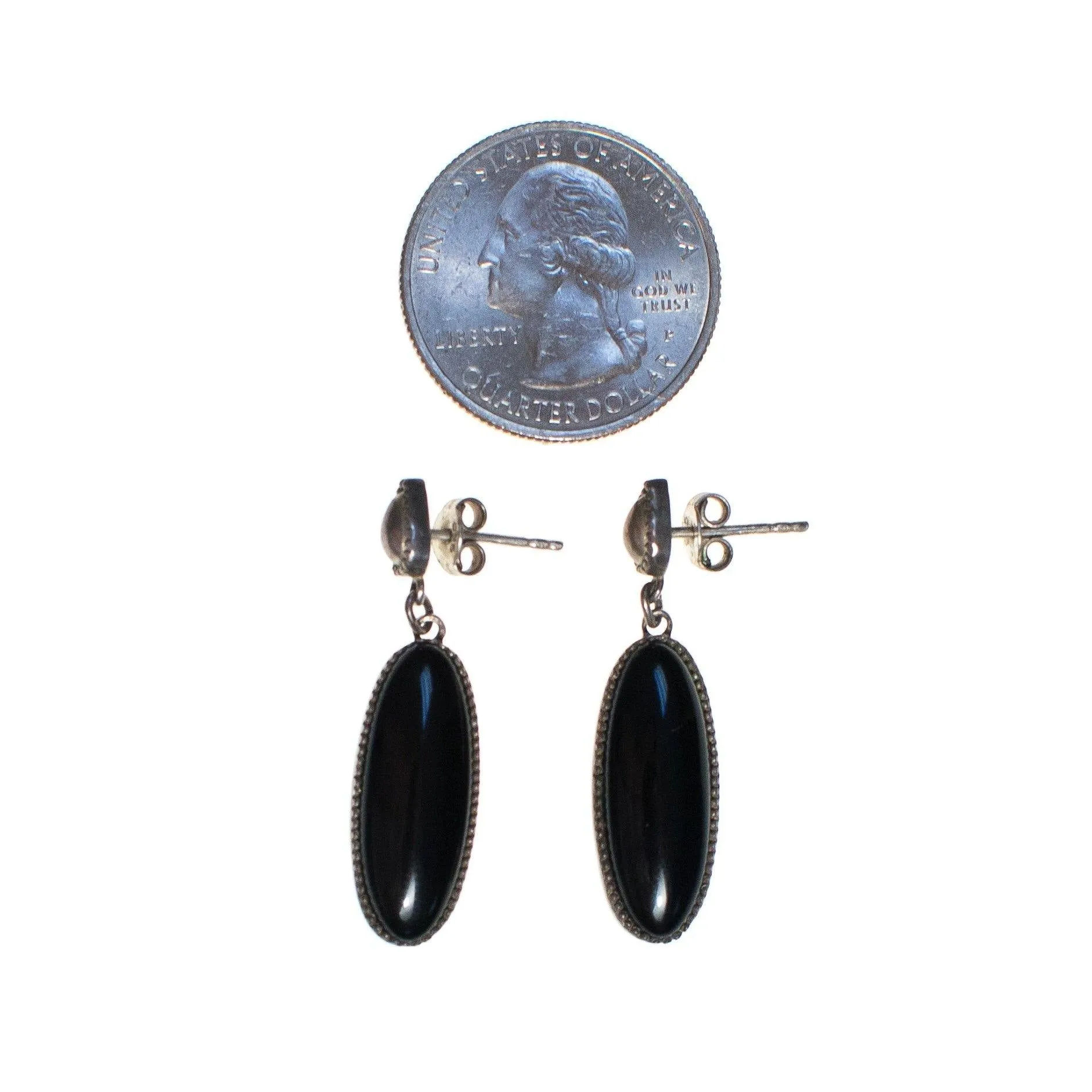Vintage Native American Sterling Silver Modernist Onyx Drop Earrings, Pierced Post Back