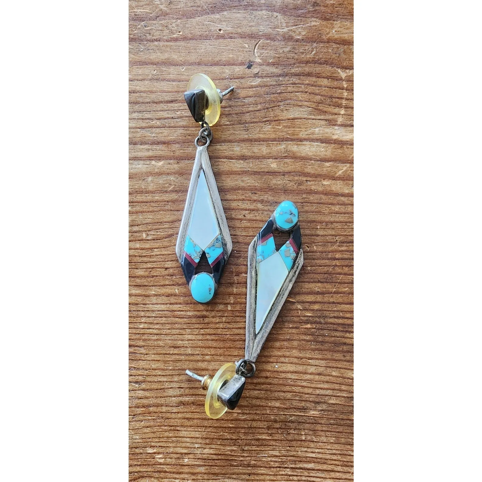 Vintage Navajo Earrings Russ Rockbridge Silver Turquoise Mother of Pearl
