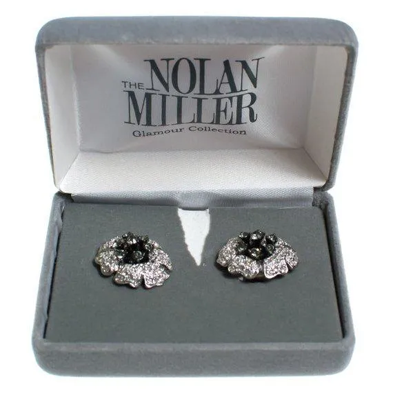 Vintage Nolan Miller Black Diamond and Diamante Crystal Camelia Statement Earrings, Clip On