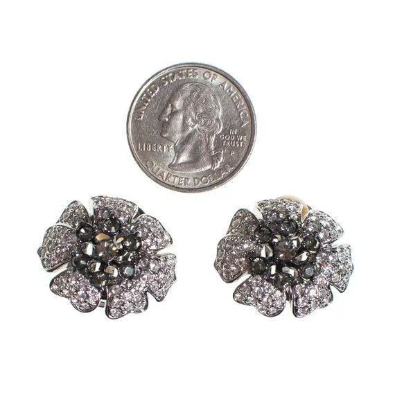 Vintage Nolan Miller Black Diamond and Diamante Crystal Camelia Statement Earrings, Clip On