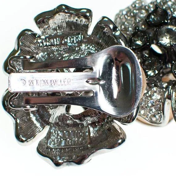 Vintage Nolan Miller Black Diamond and Diamante Crystal Camelia Statement Earrings, Clip On