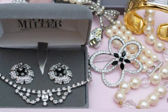Vintage Nolan Miller Black Diamond and Diamante Crystal Camelia Statement Earrings, Clip On