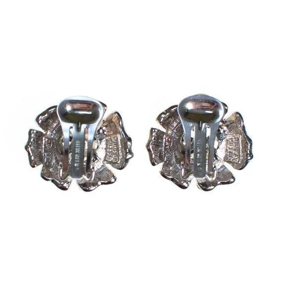 Vintage Nolan Miller Black Diamond and Diamante Crystal Camelia Statement Earrings, Clip On