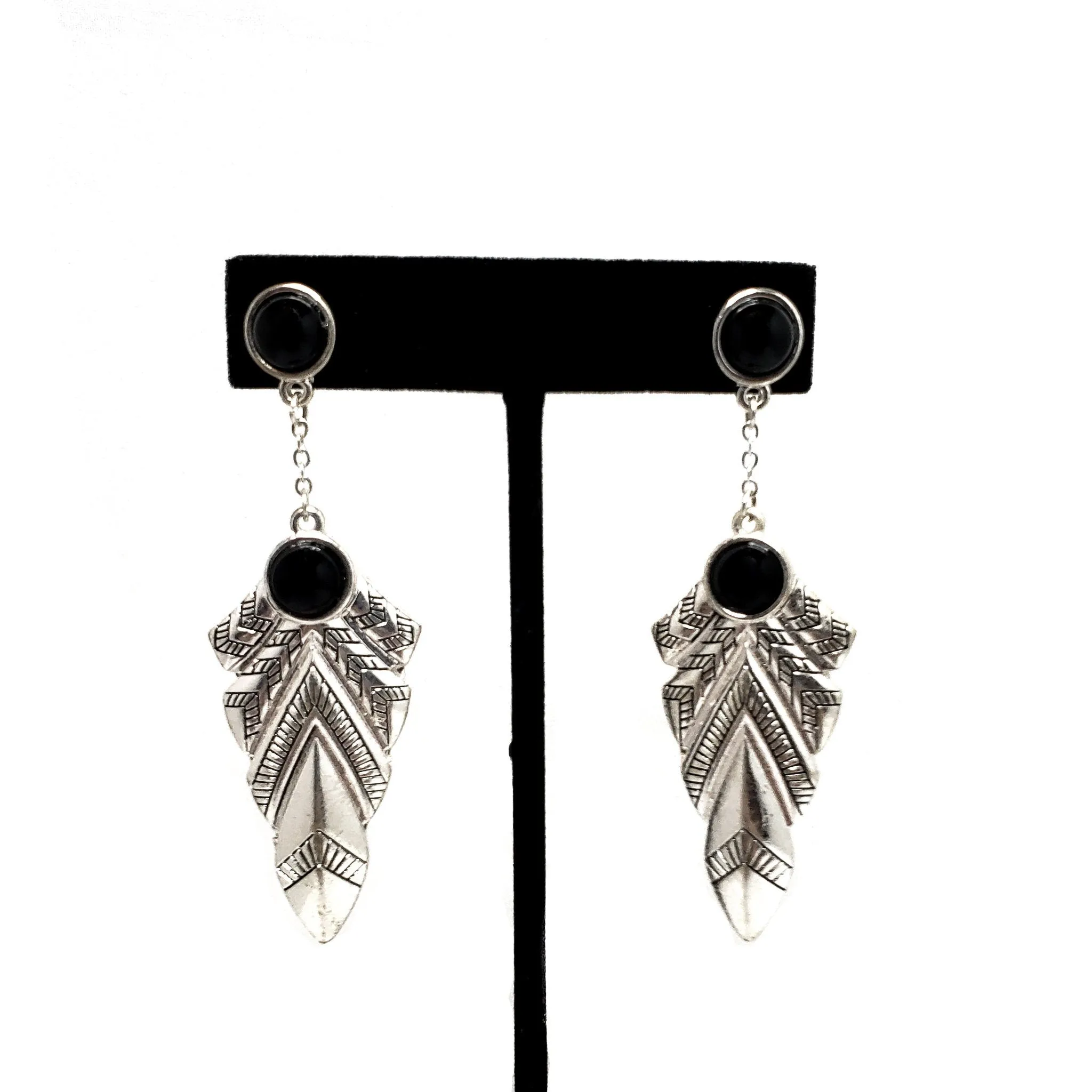 Vintage Onyx and Silver Plate Earrings - 1990s Black Onyx Large Dangle Statement Earrings - Pierced Onyx Earrings Boho