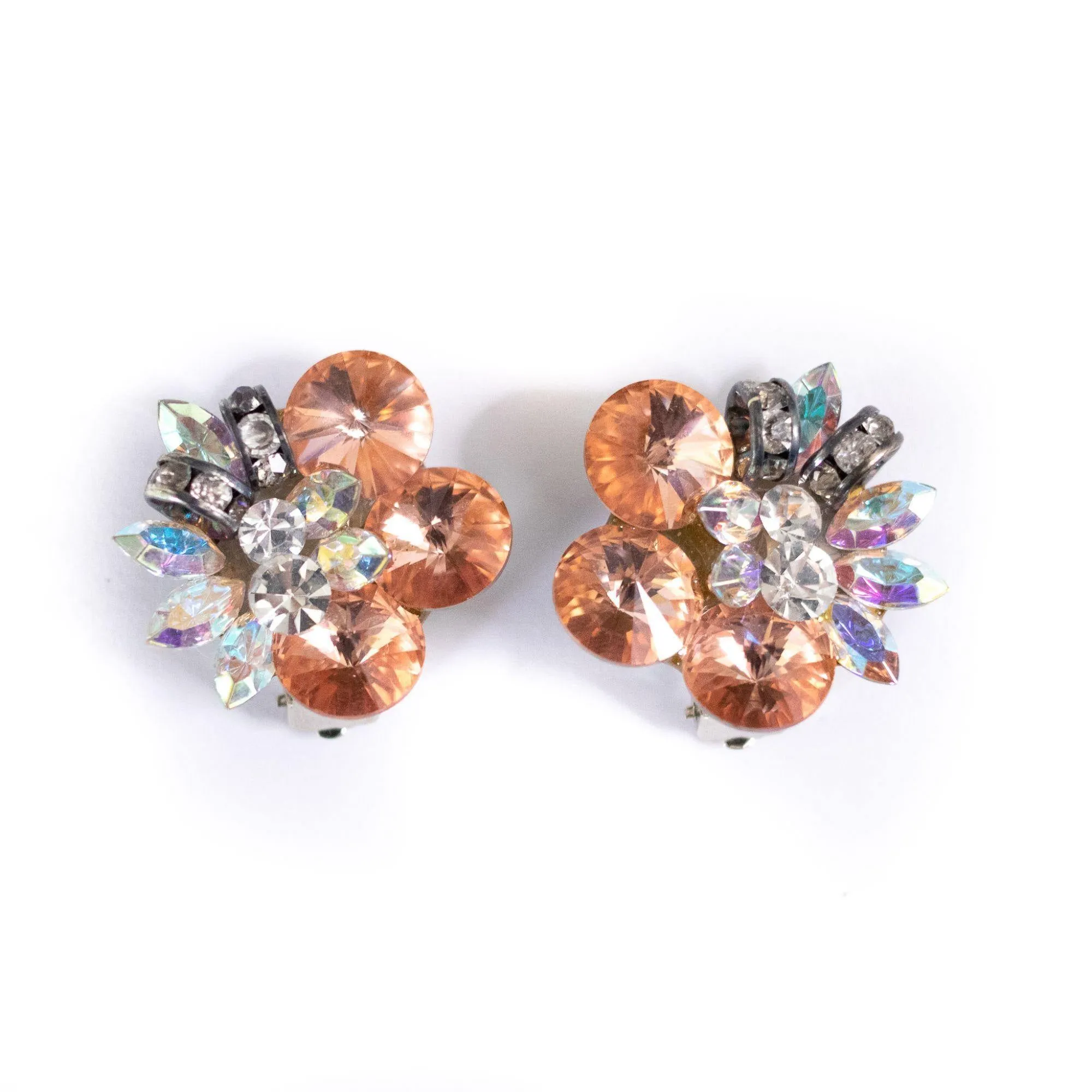 Vintage Peach and Diamante Rhinestone Statement Earrings