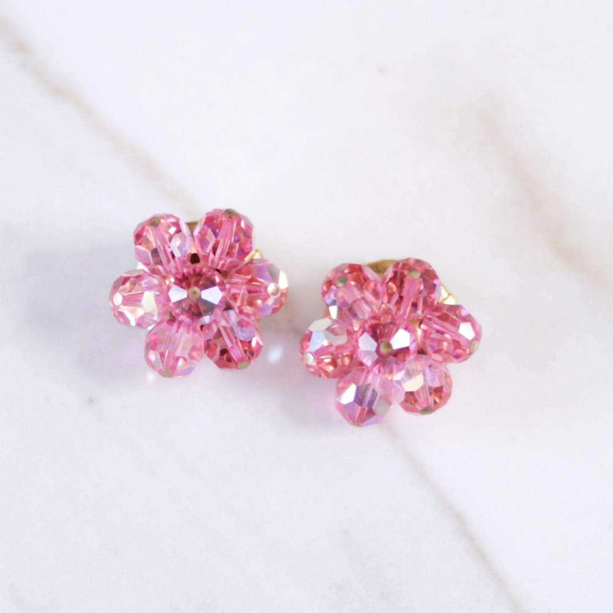 Vintage Pink Aurora Borealis Crystal Beaded Statement Earrings