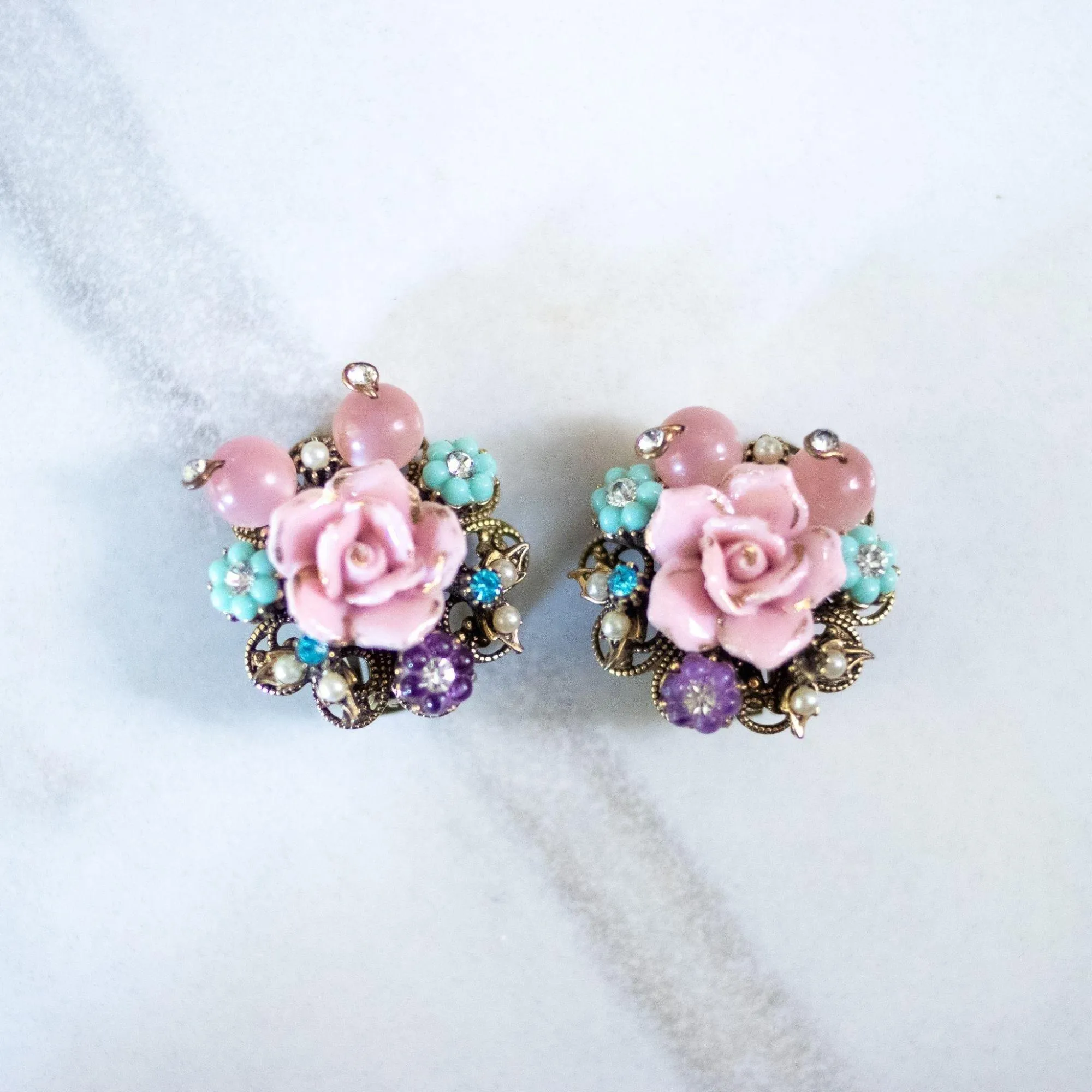 Vintage Pink Porcelain Rose Earrings