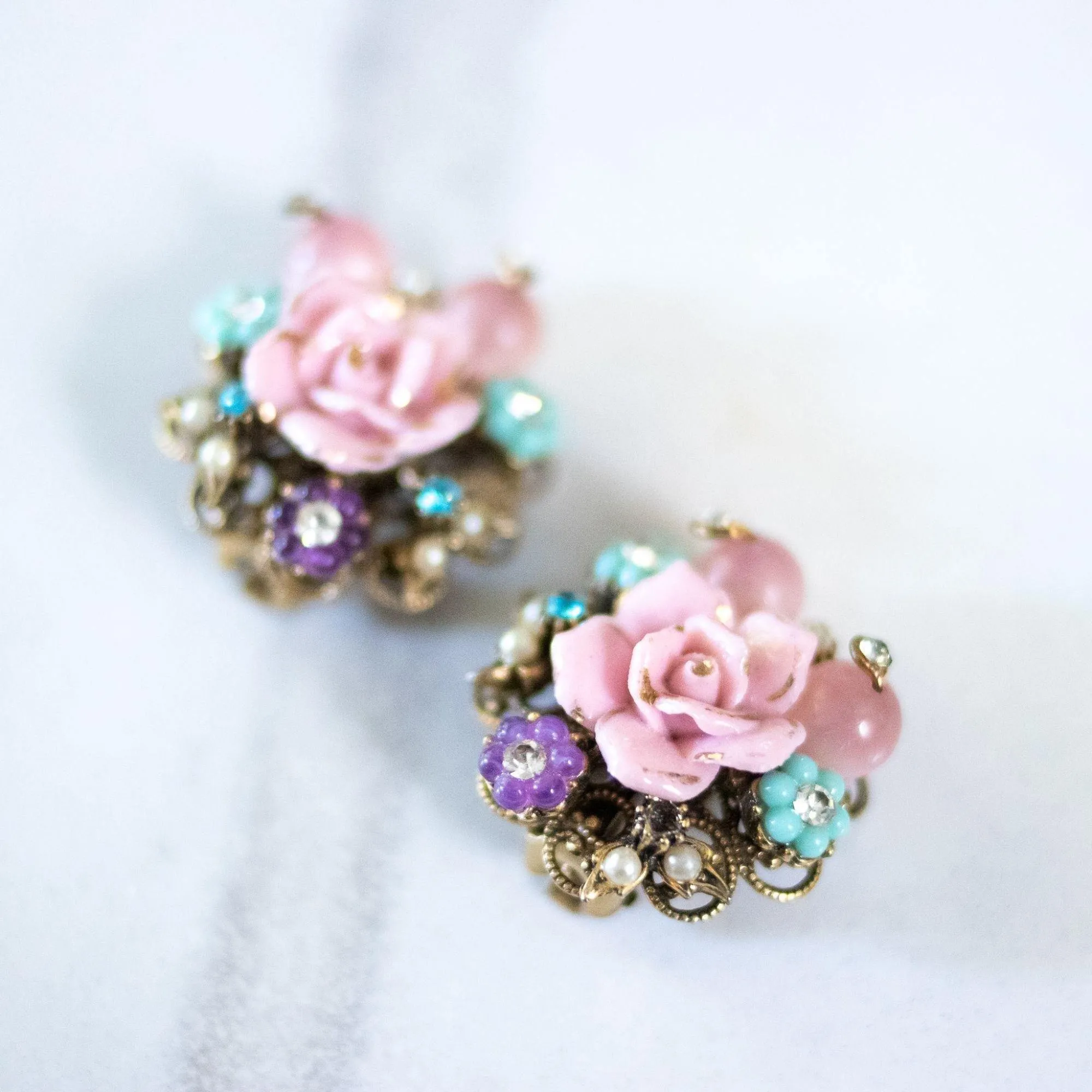 Vintage Pink Porcelain Rose Earrings