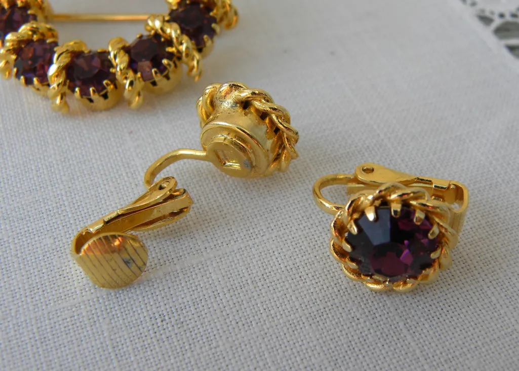 Vintage Purple Amethyst Rhinestone Pin and Earring Set