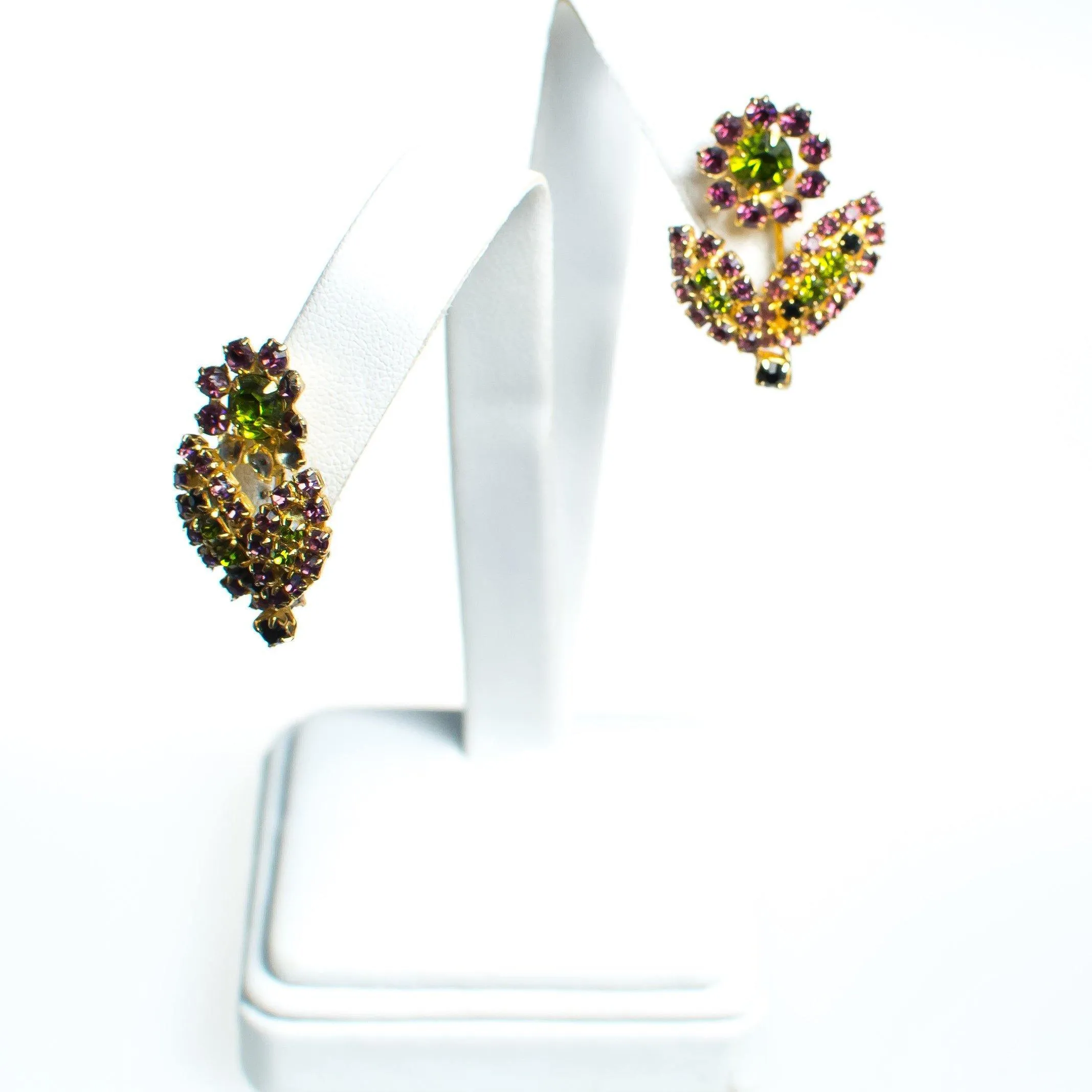Vintage Purple and Green Rhinestone Flower Earrings, Clip On